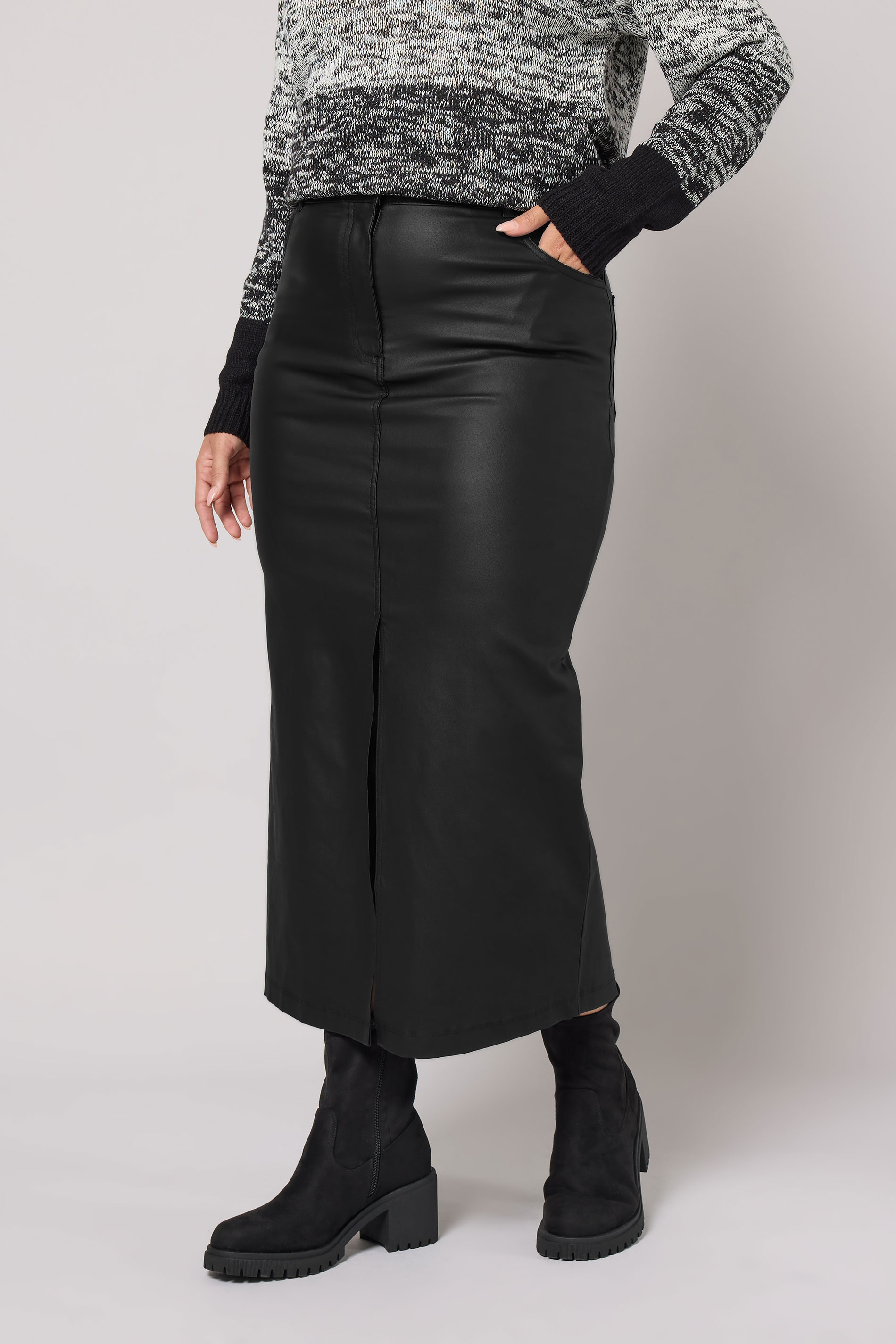 YOURS Plus Size Black Coated Split Hem Midaxi Skirt | Yours Clothing 3