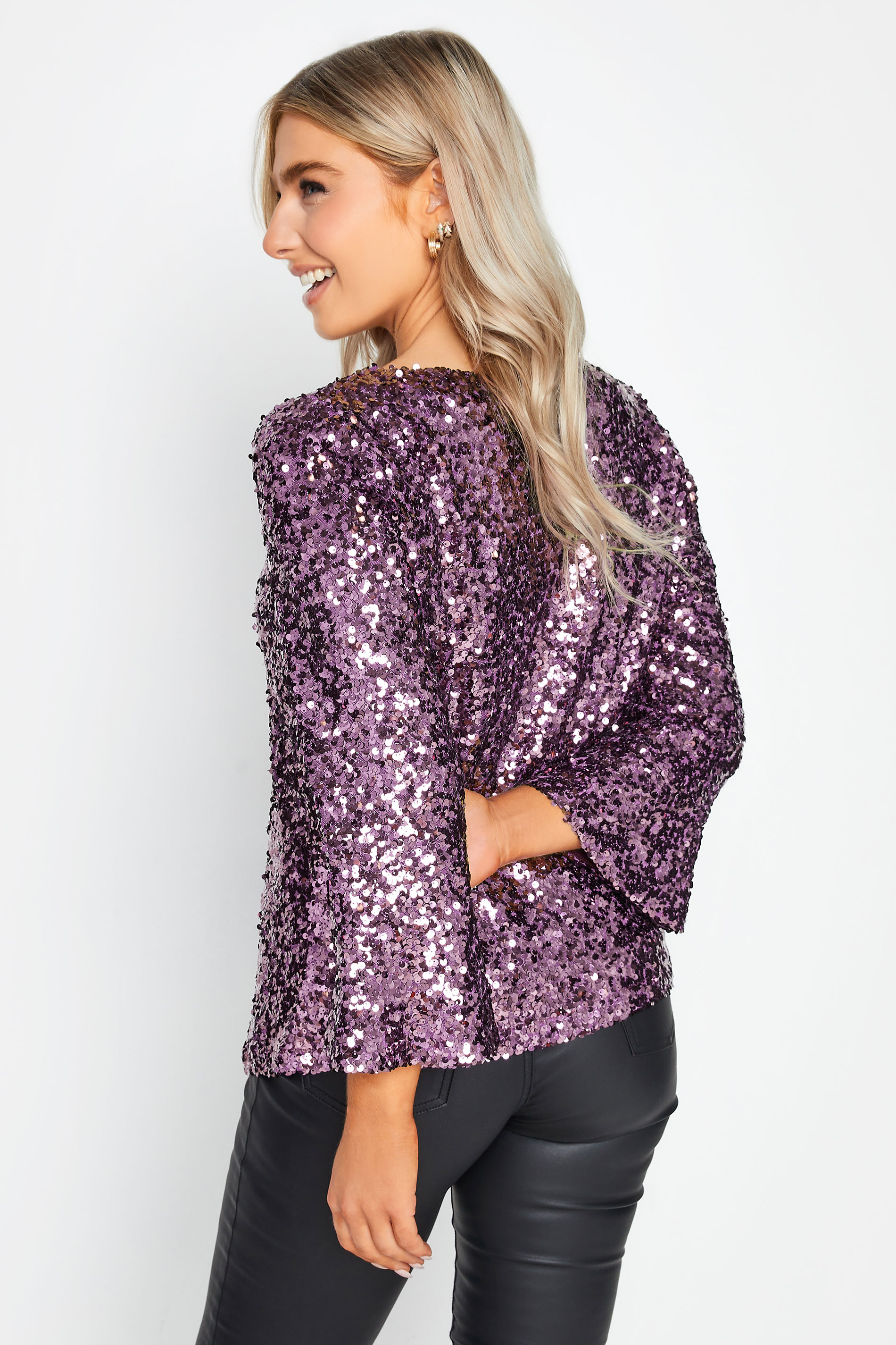 M&Co Purple Flute Sleeve Sequin Top | M&Co