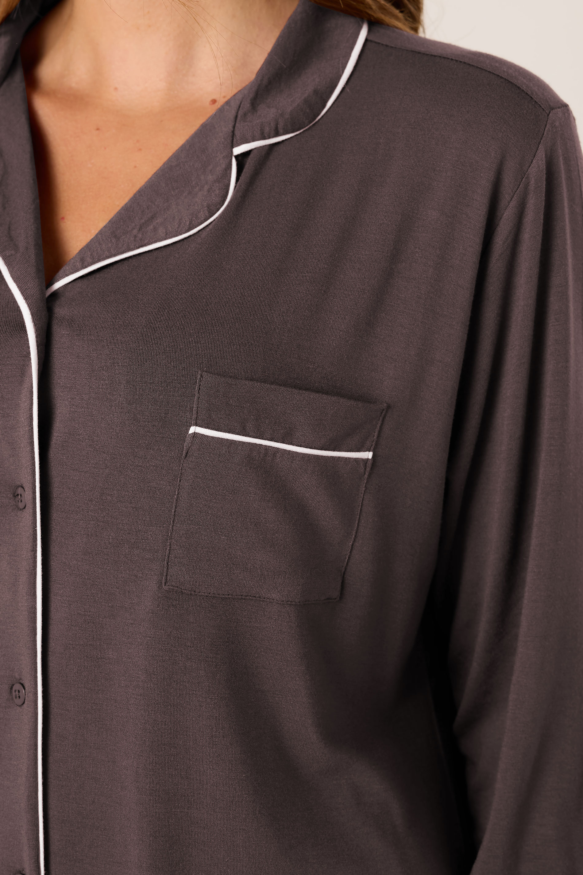 M&Co Brown Piped Long Sleeve Jersey Pyjama Set | M&Co 5