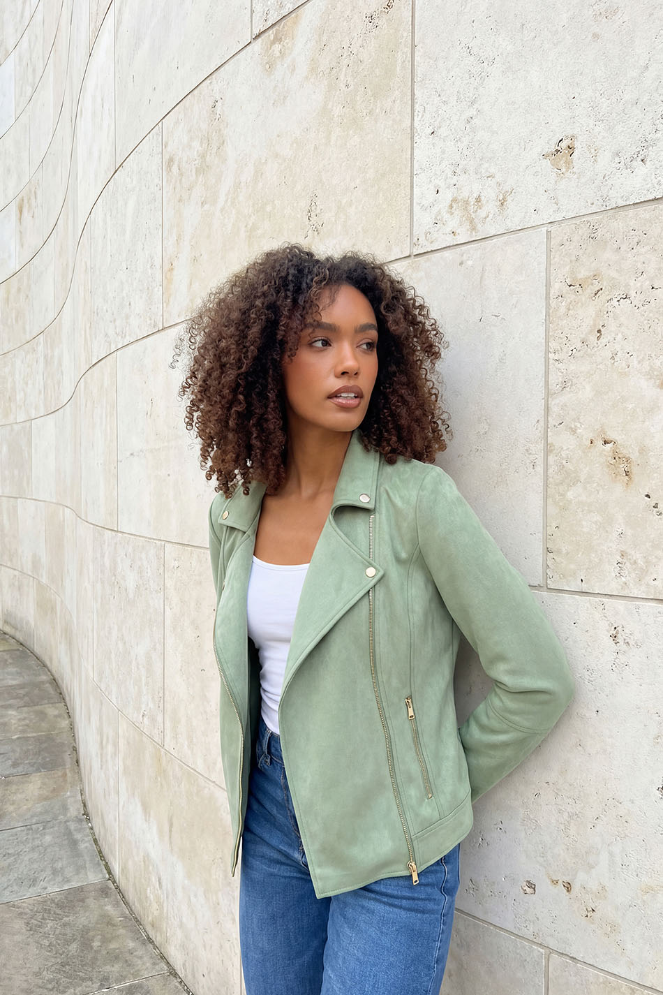 M&Co Sage Green Faux Suede Biker Jacket | M&Co 3