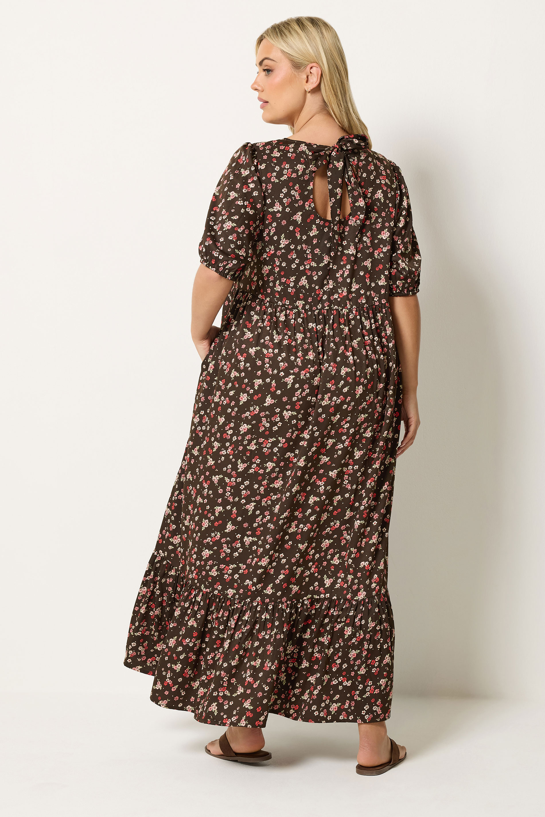 YOURS Plus Size Brown Ditsy Floral Smock Maxi Dress | Yours Clothing 2