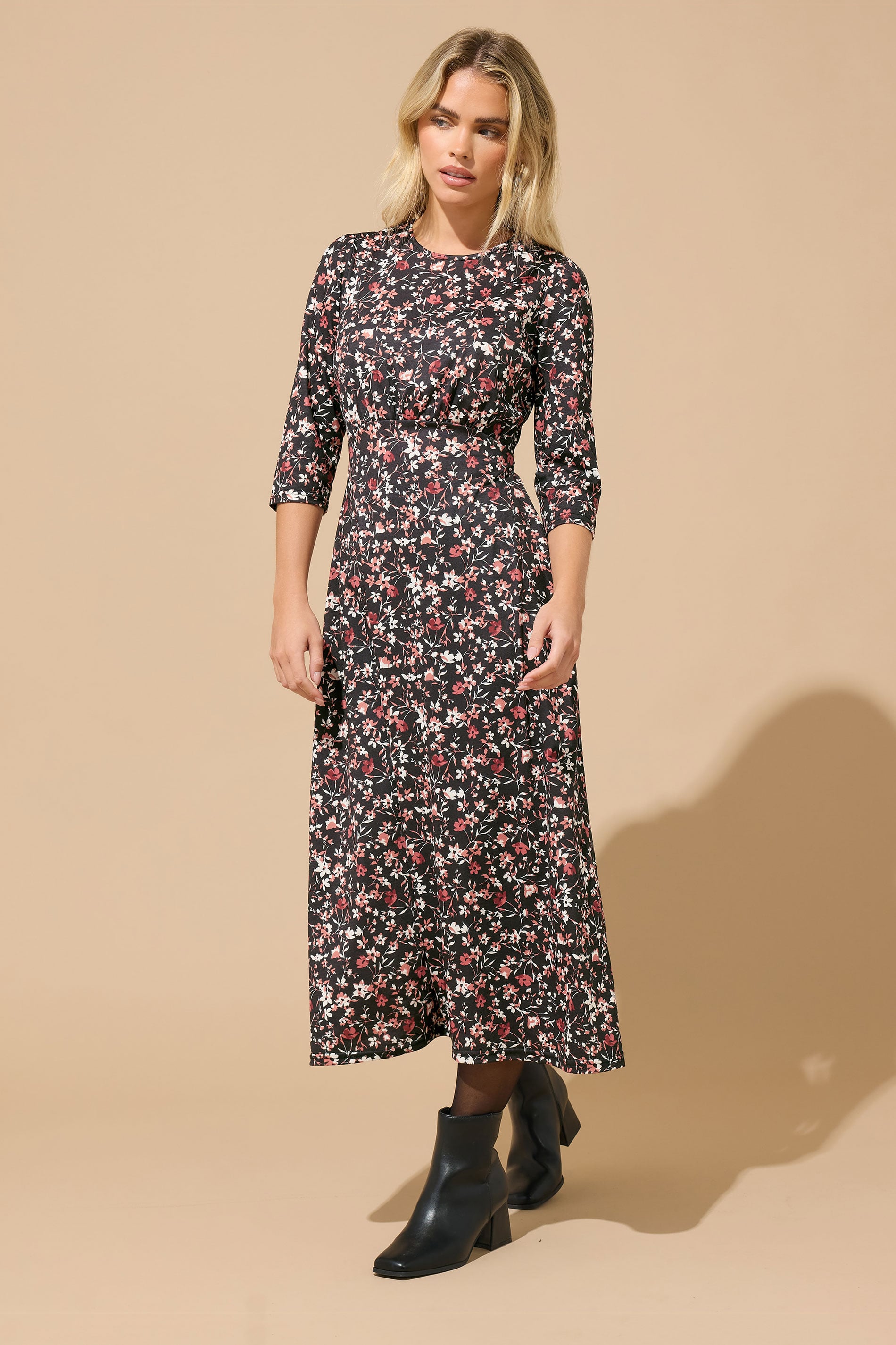 Women's Black M&Co Petites M&Co Petite Floral Midi Dress Size 8