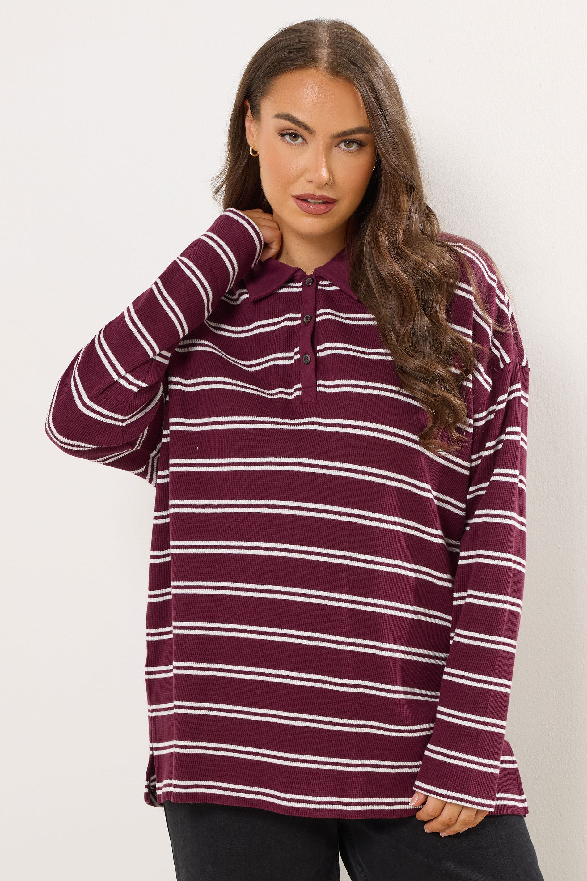YOURS Plus Size Red Stripe Waffle Rugby Collar Top | Yours Clothing 1