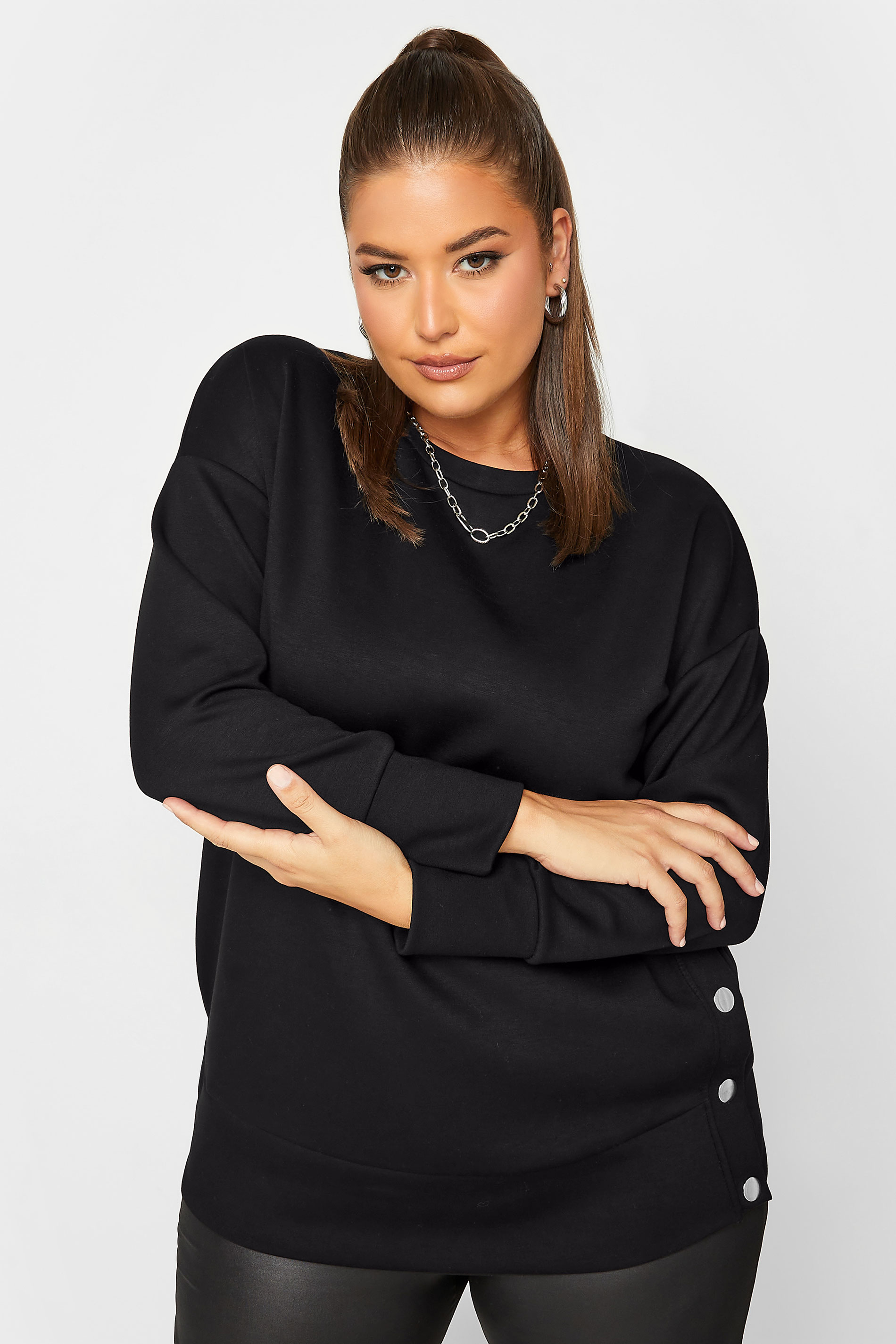 Plus Size Black Button Detail Sweatshirt | Yours Clothing 1