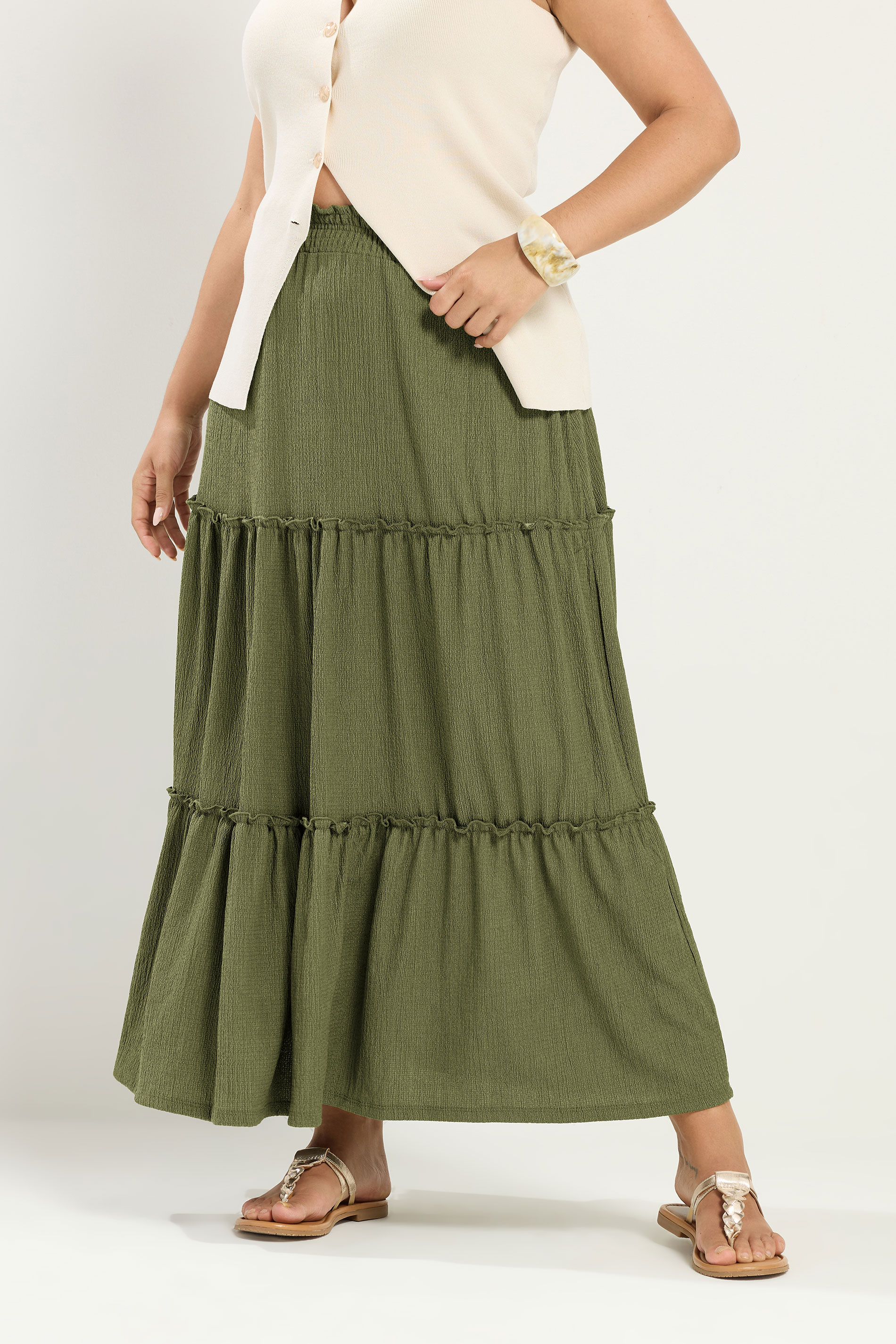 YOURS Plus Size Khaki Green Tiered Maxi Skirt | Yours Clothing 3