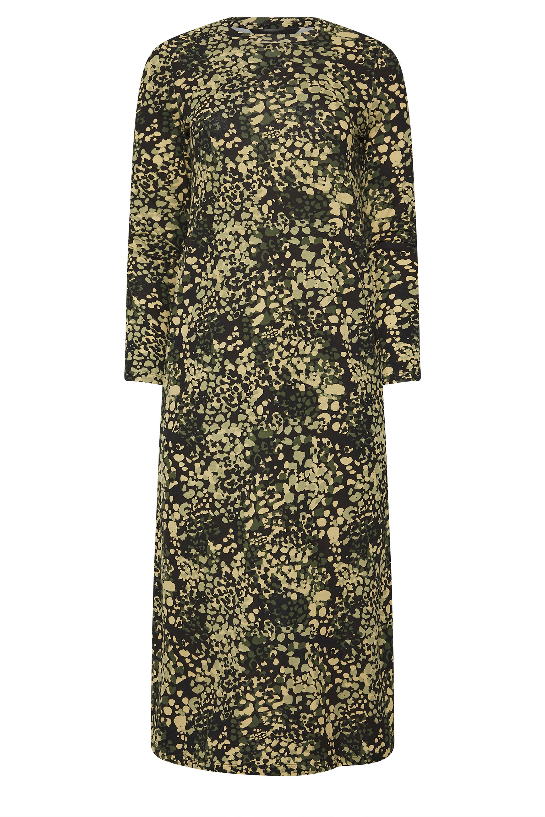 PixieGirl Petite Women's Khaki Green Abstract Animal Long Sleeve Cotton T-Shirt Dress | PixieGirl 6