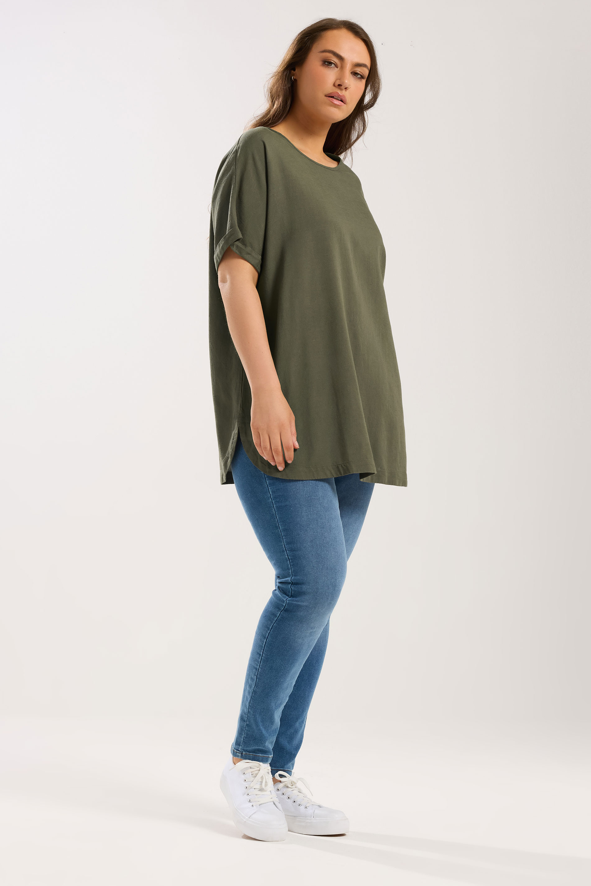 YOURS Plus Size Khaki Green Linen Boxy T-Shirt | Yours Clothing 1