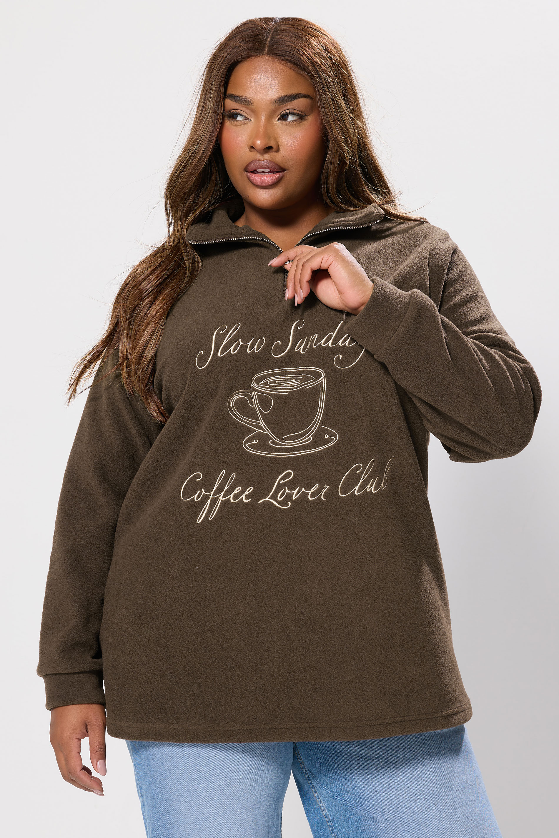 YOURS Plus Size Chocolate Brown 'Coffee Lover Club' Quarter Zip Fleece | Yours Clothing 3