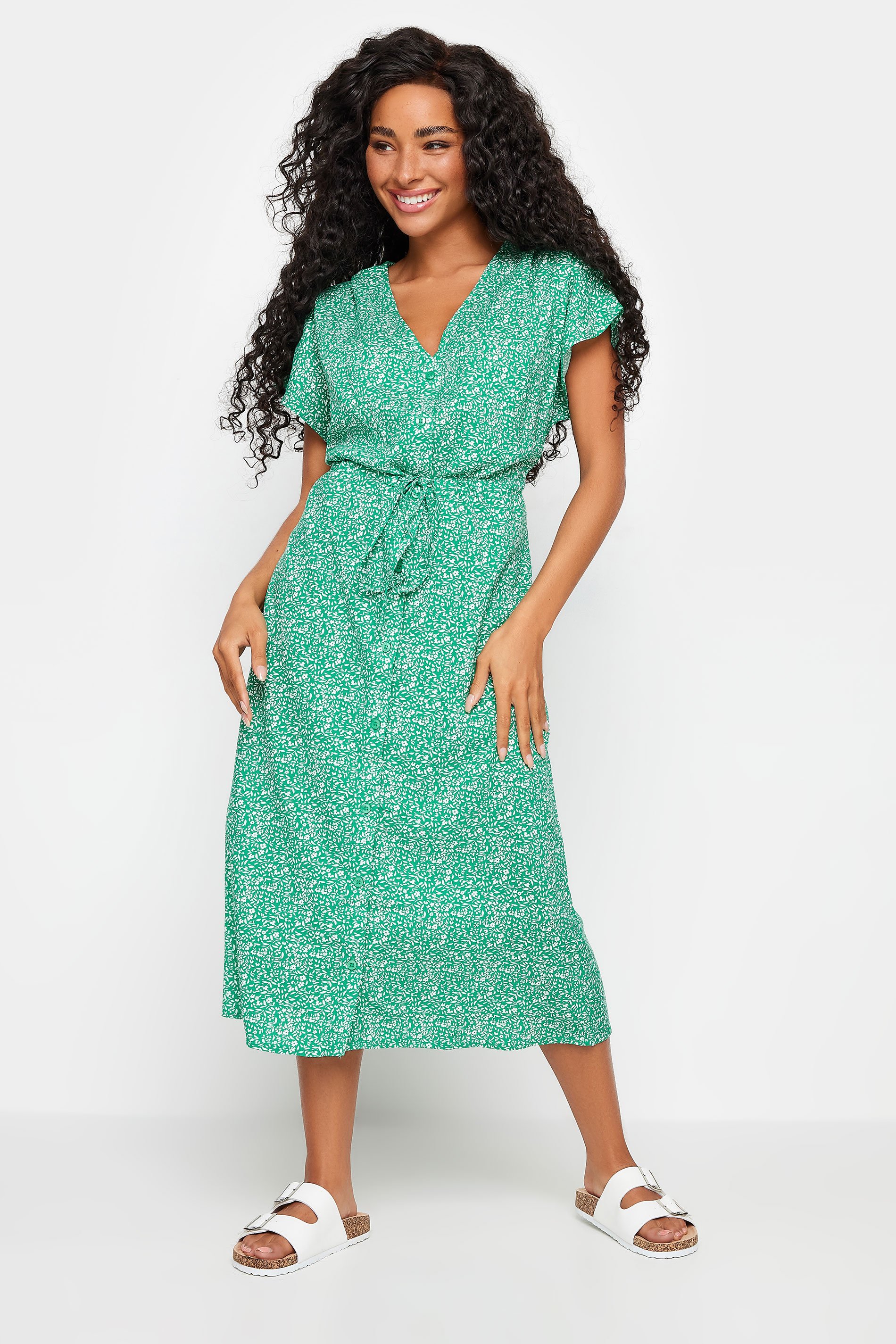 M&Co Petite Green Ditsy Floral Tie Waist Dress | M&Co 2