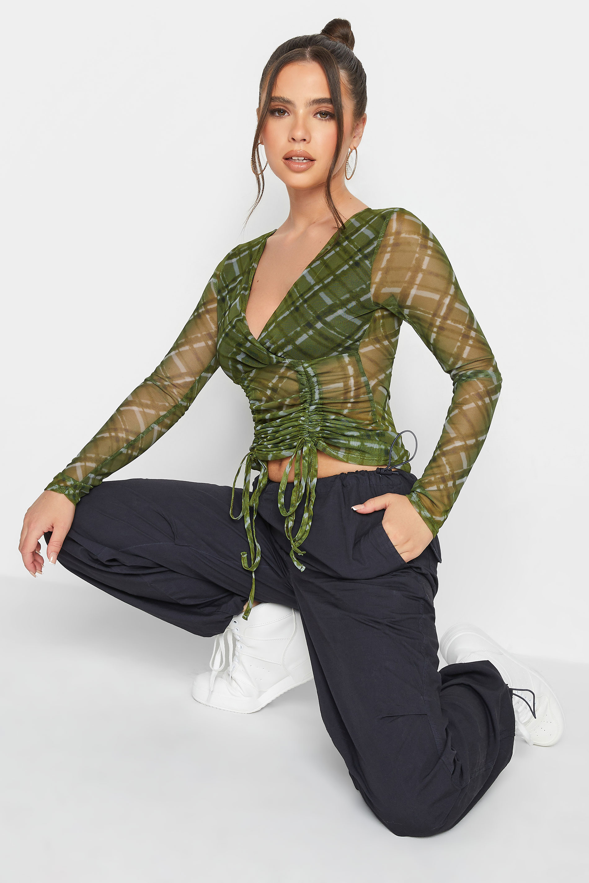 Petite Green Checked Ruched Front Wrap Top | PixieGirl  3
