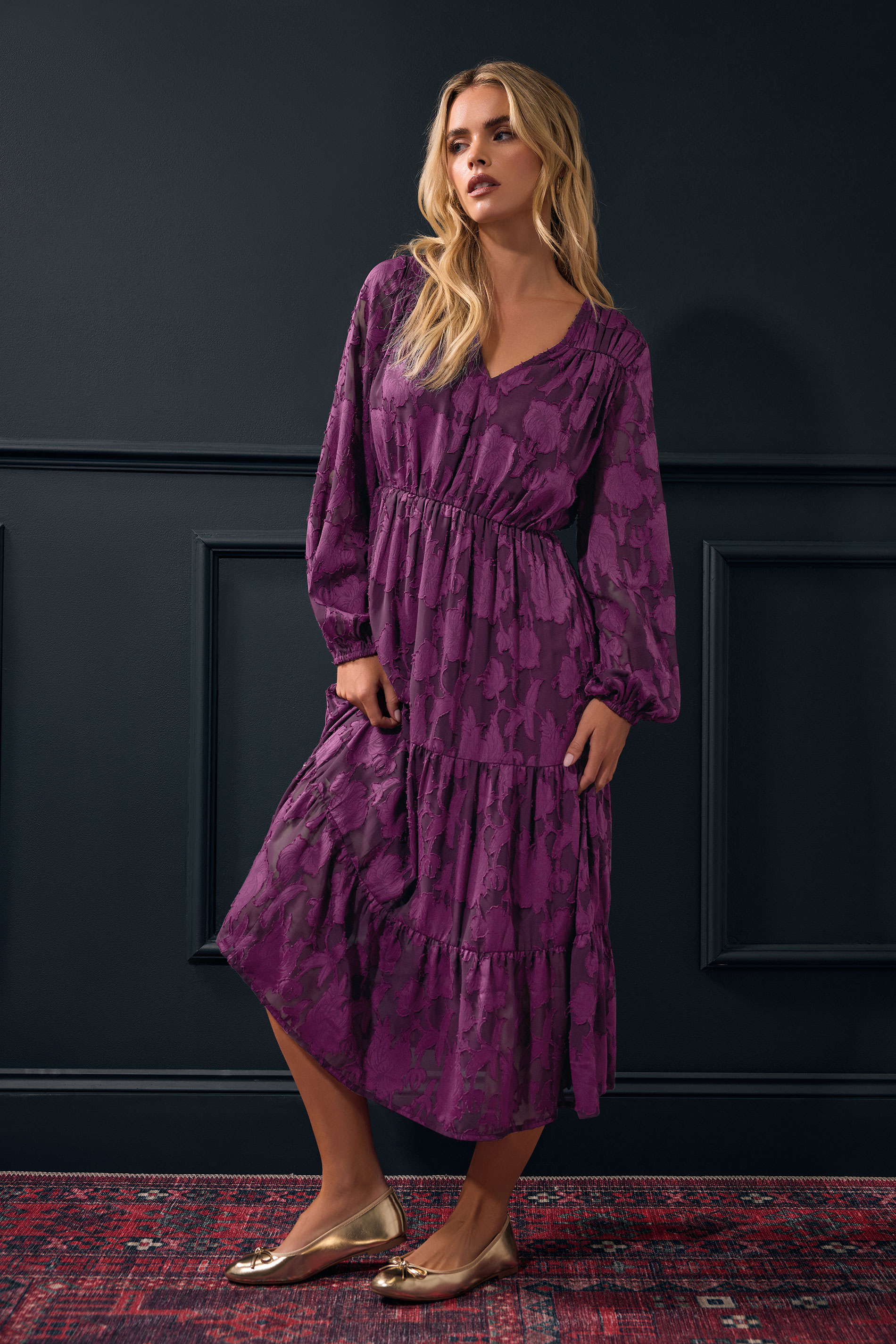 M&Co Petite Berry Purple Floral Jacquard Boho Dress | M&Co 1