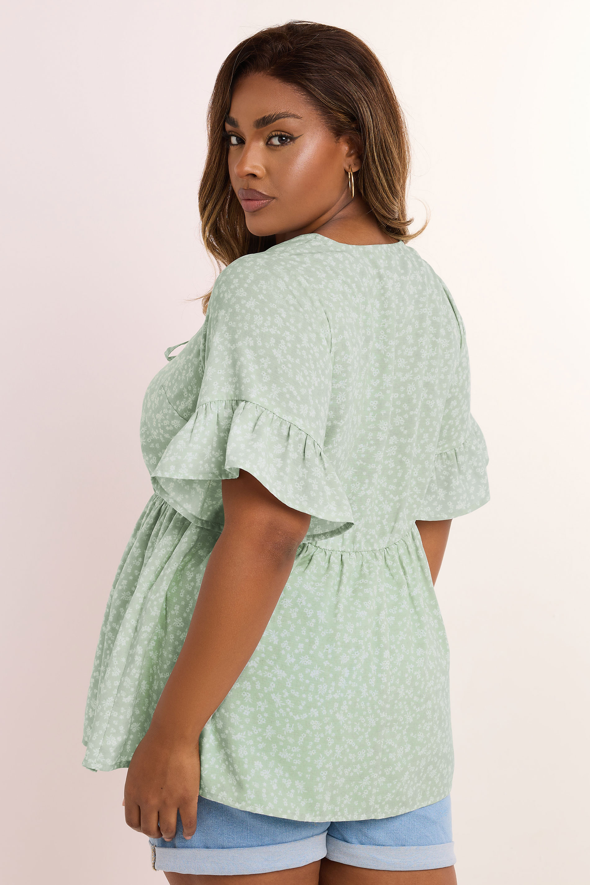 YOURS Plus Size Sage Green Ditsy Floral Tie Front Peplum Top | Yours Clothing 2