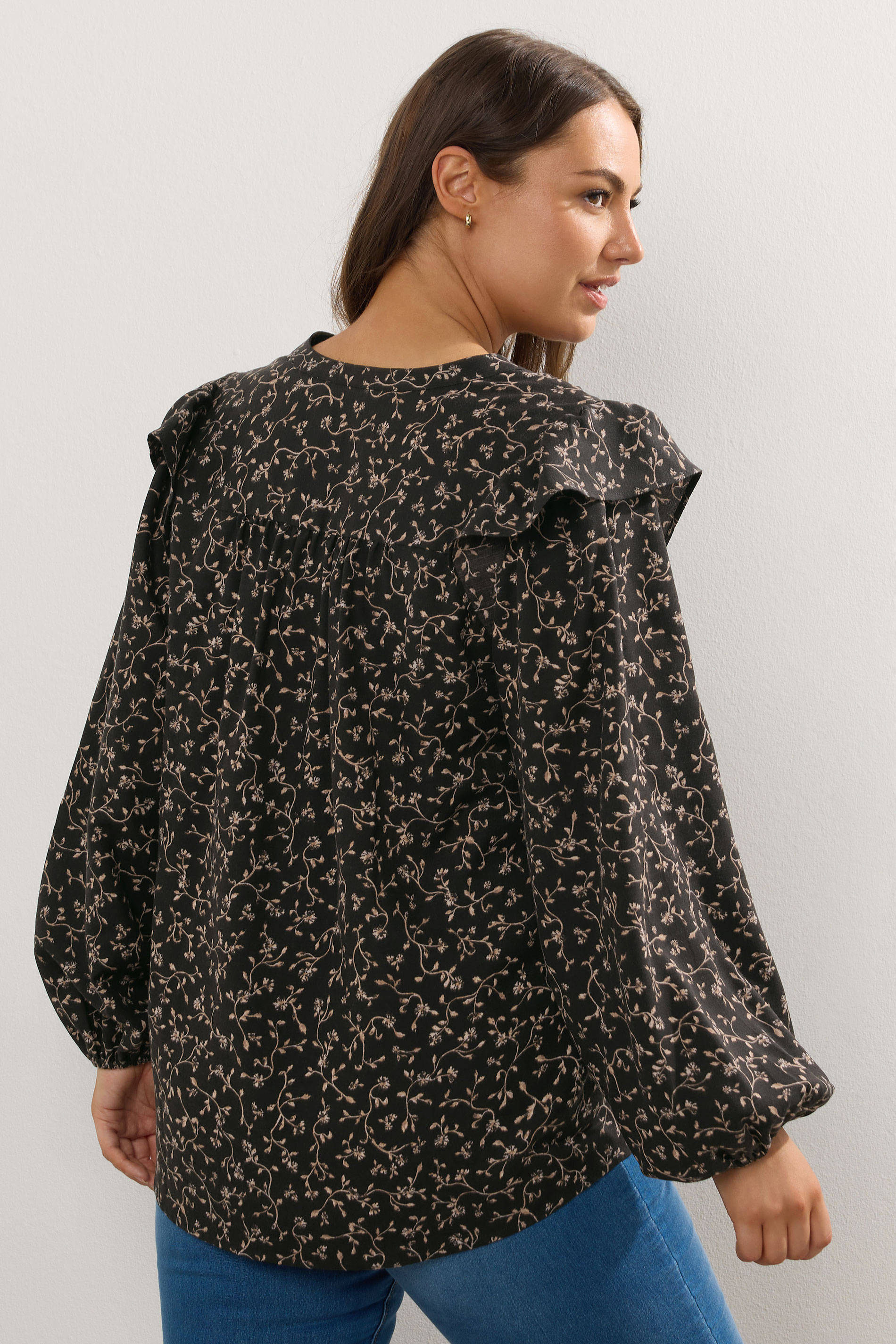 YOURS Plus Size Black Leaf Print Frill Top | Yours Clothing 2