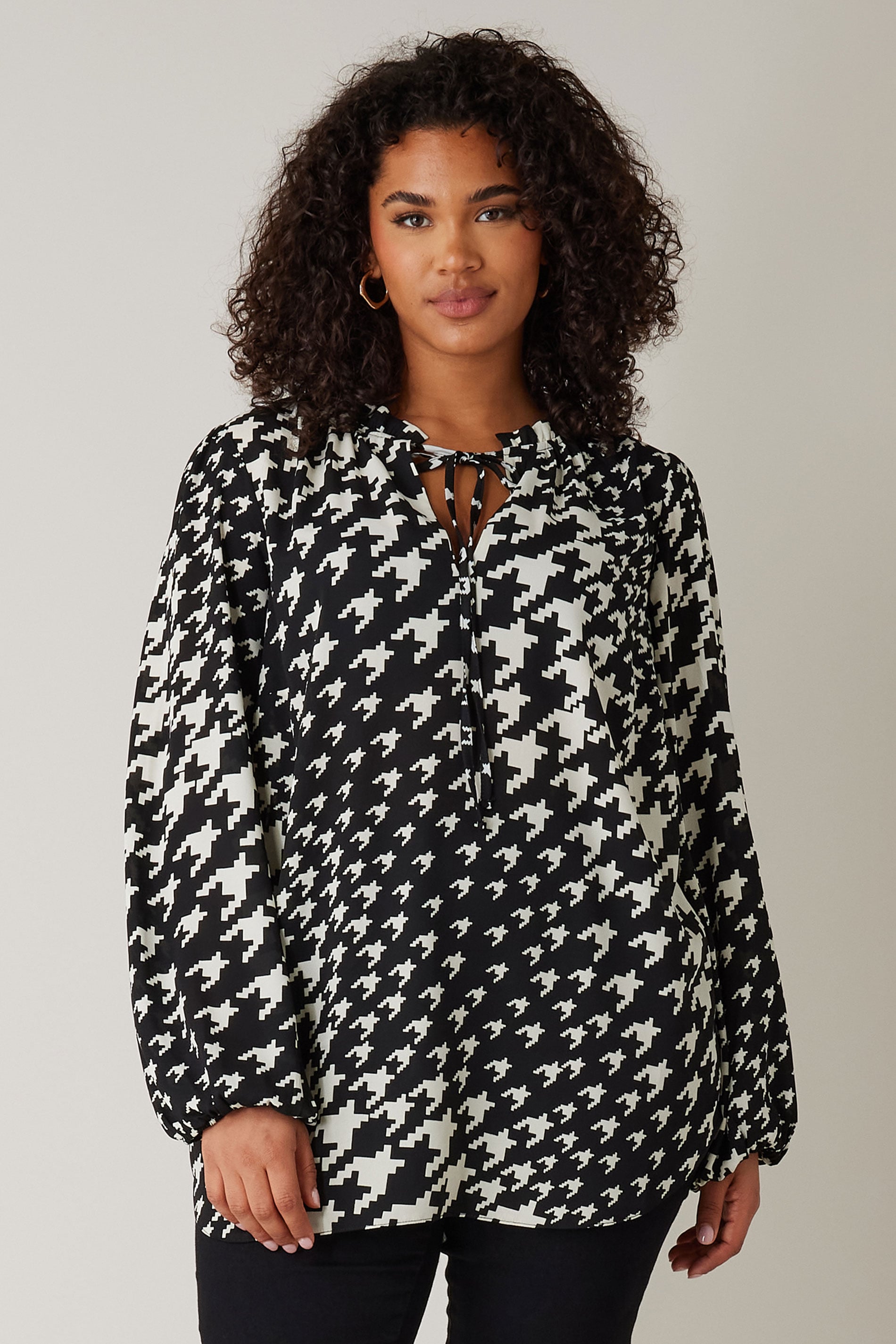 EVANS Plus Size Black Dogtooth Print Tie Neck Blouse | Evans 3