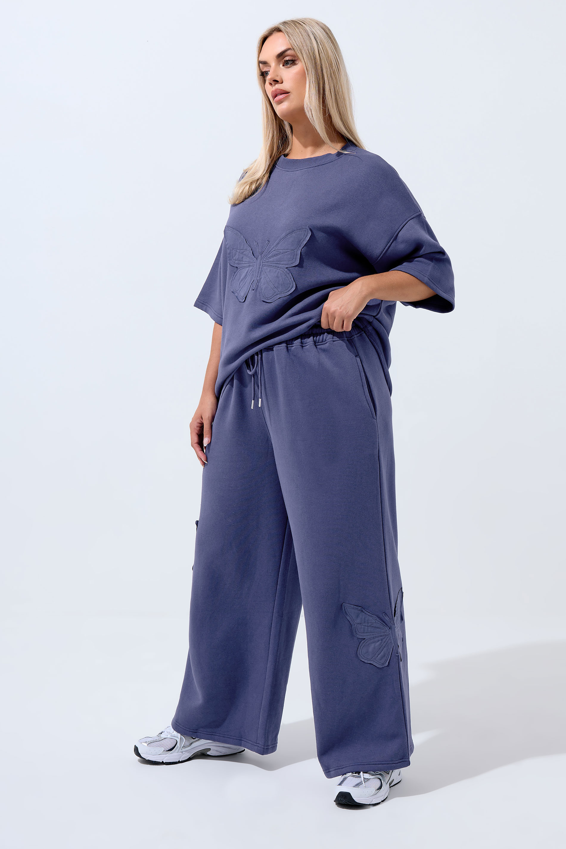 LIMITED COLLECTION Plus Size Navy Blue Embroidered Butterfly Wide Leg Joggers | Yours Clothing 3