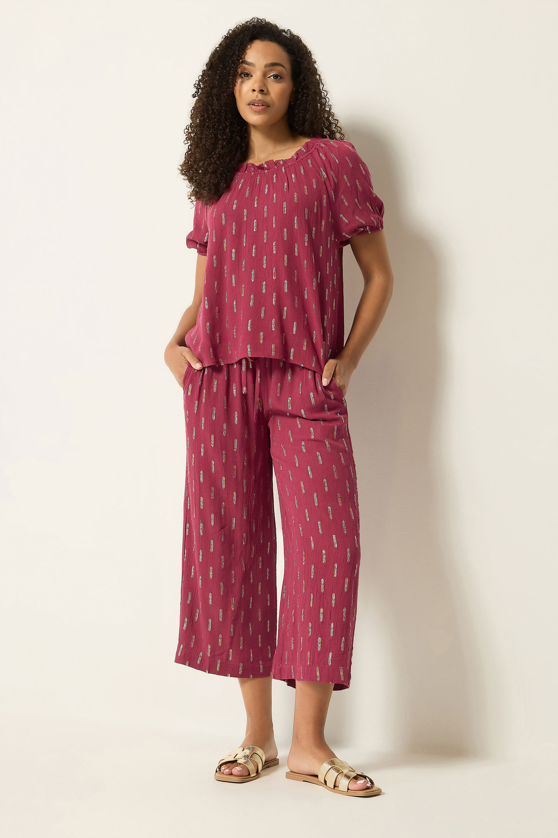 M&Co Berry Red Foil Cropped Trousers | M&Co 1