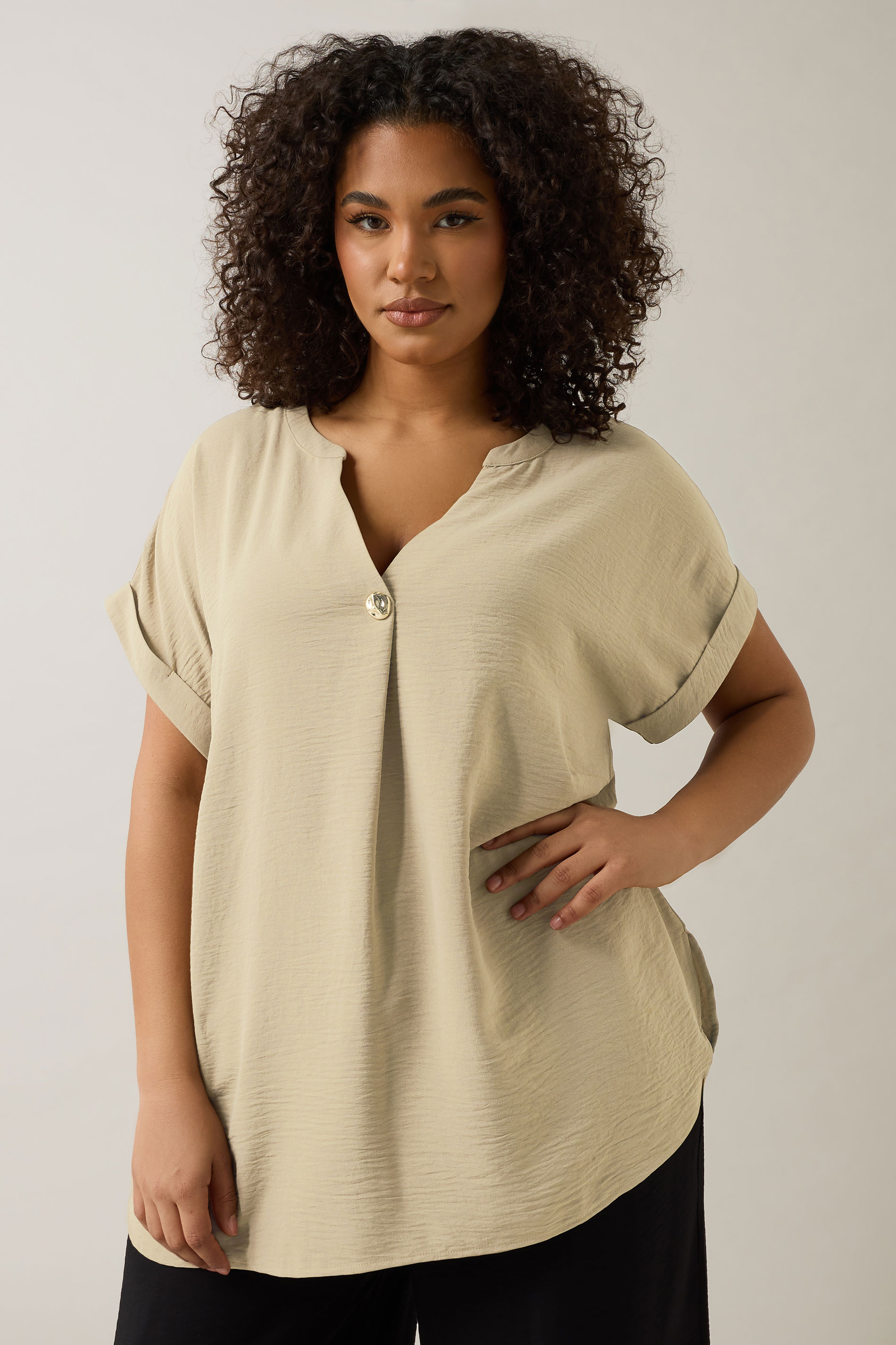 EVANS Plus Size Natural Brown Button Front Short Sleeve Blouse | Evans 1