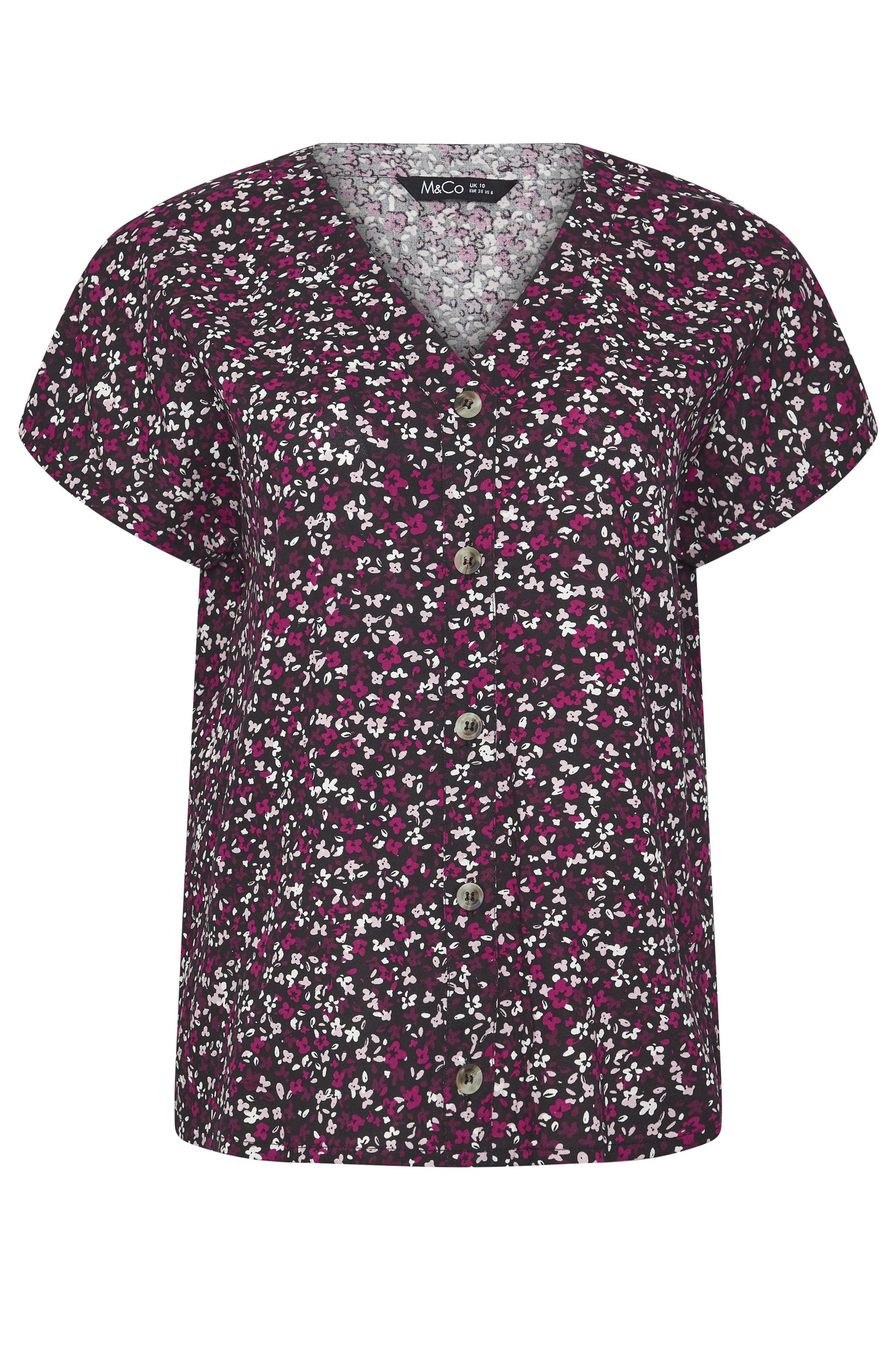 M&Co Berry Purple Ditsy Floral Print Button Front Blouse | M&Co 1
