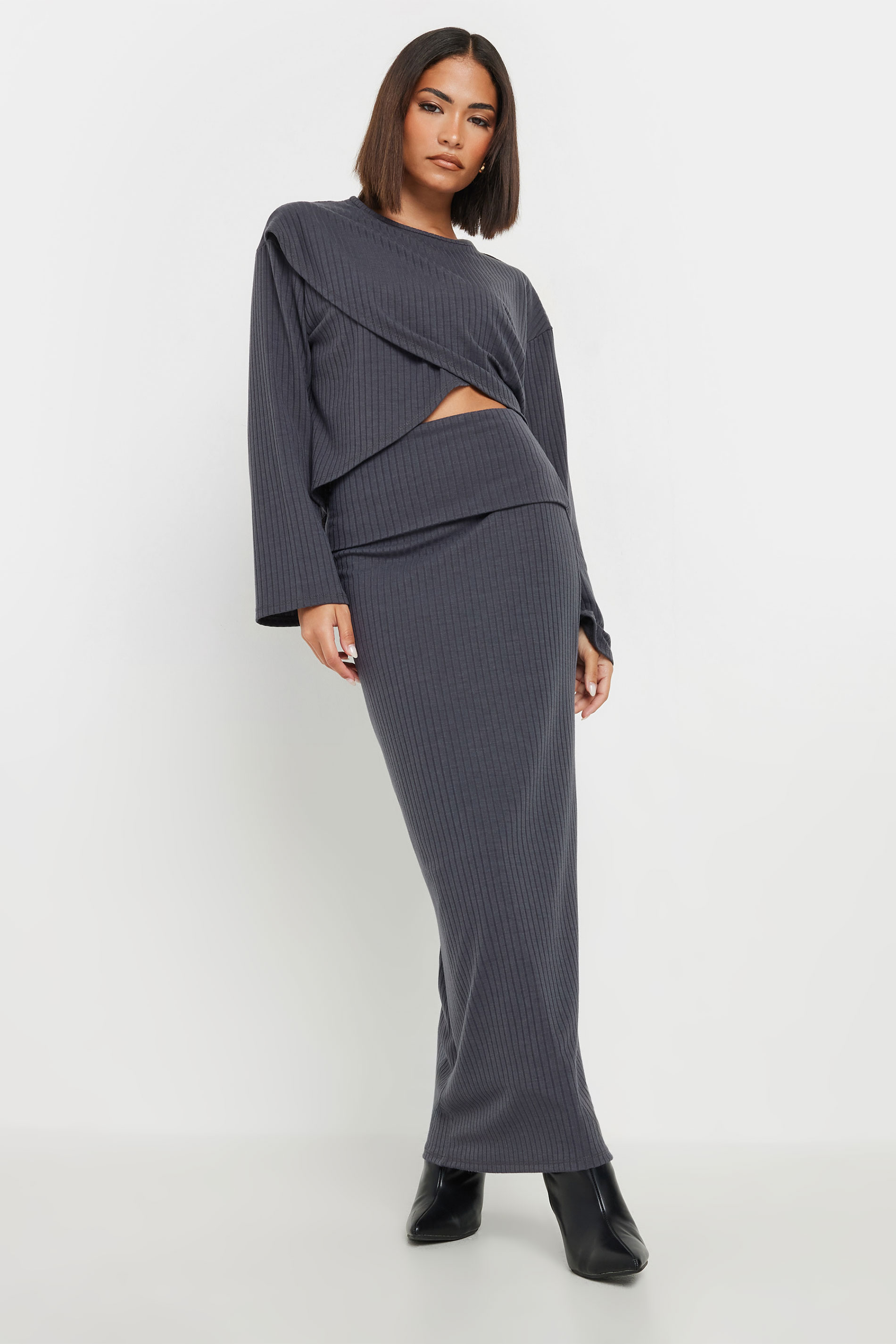 PixieGirl Petite Women's Grey Cross Over Long Sleeve Ribbed Top | PixieGirl 1