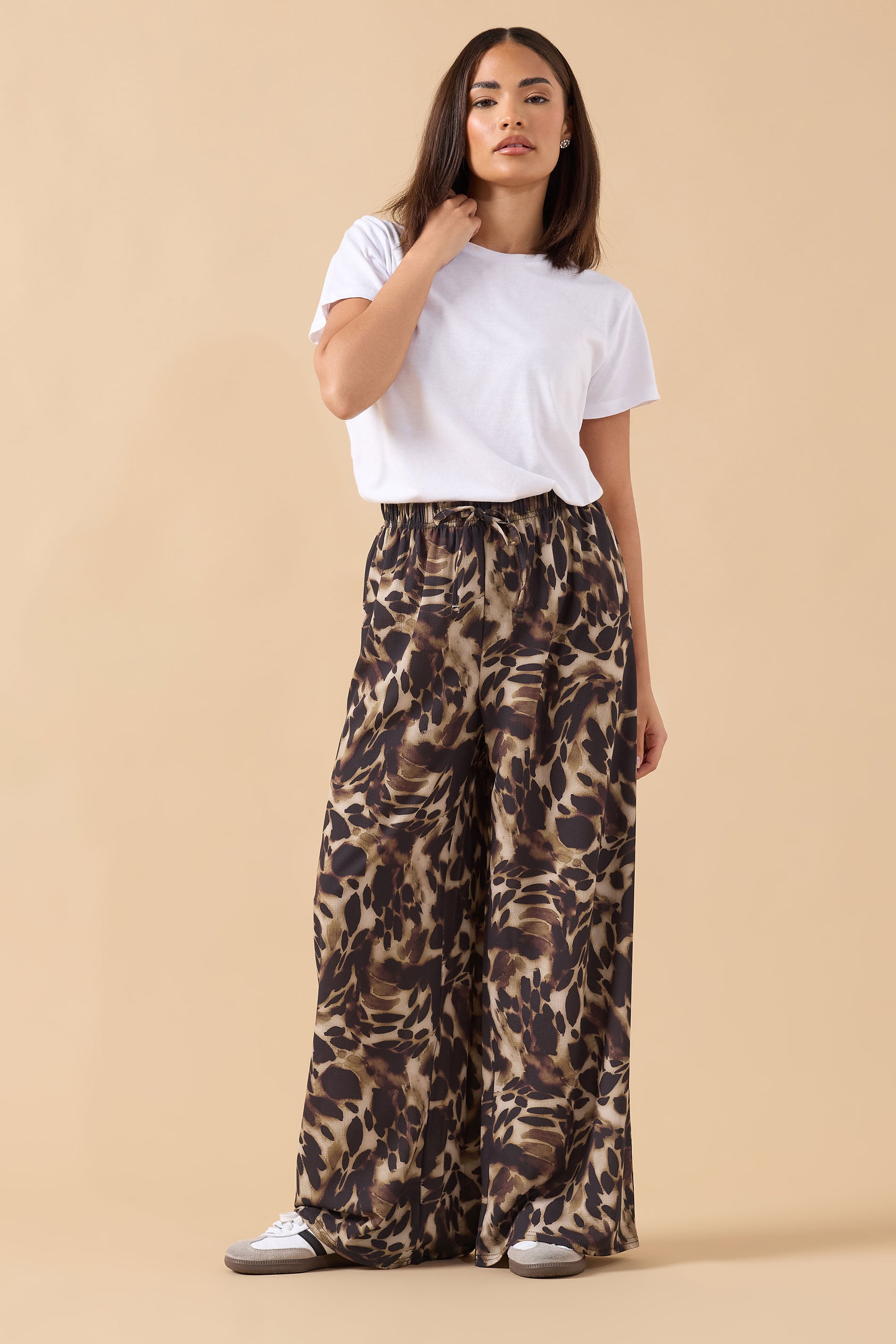 PixieGirl Petite Women's Brown Leopard Print Crepe Wide Leg Trousers | PixieGirl 3