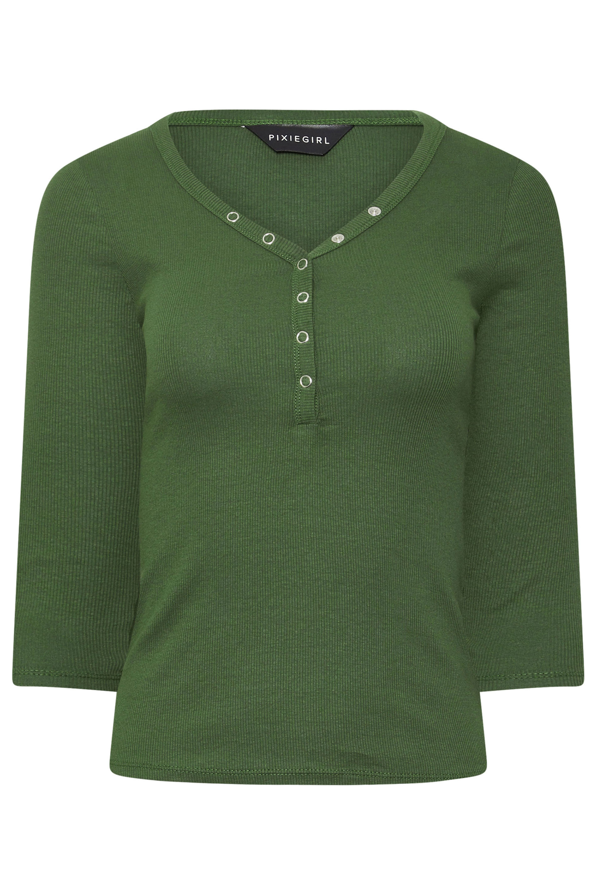PixieGirl Petite Women's 2 PACK Black & Khaki Green Button Henley Tops | PixieGirl 8