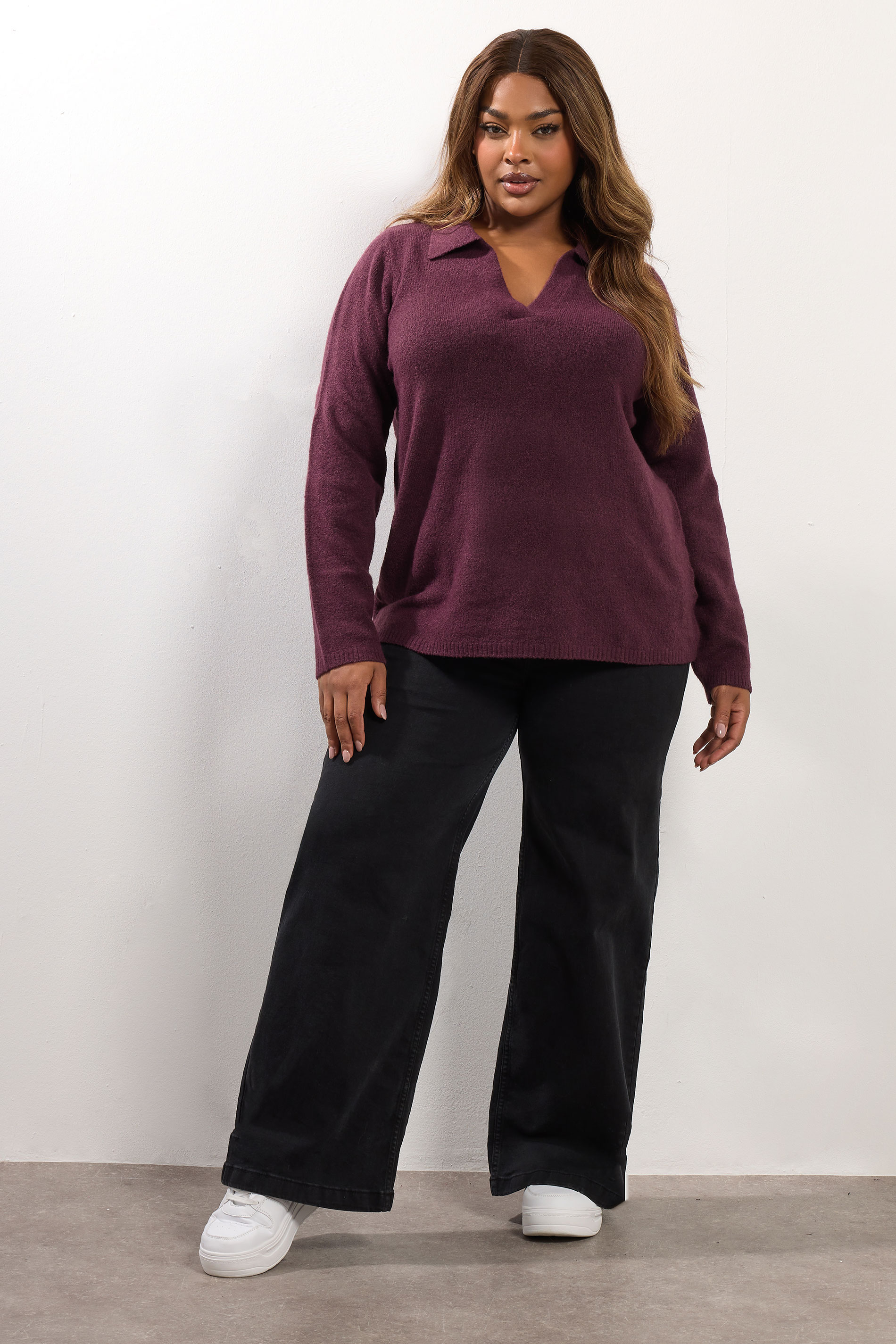 YOURS Plus Size Burgundy Red Collared Knitted Jumper | Yours Clothing 2