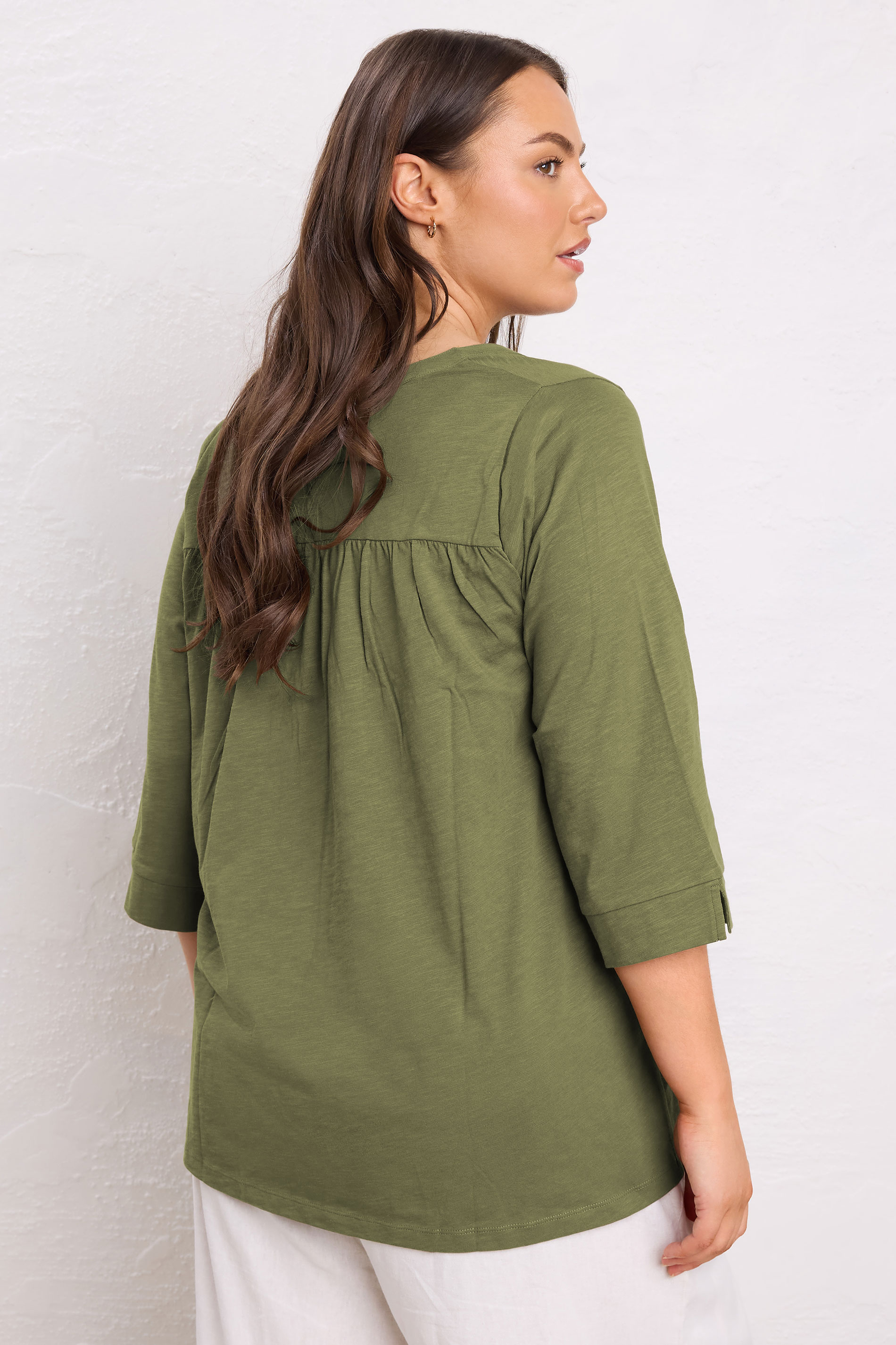 EVANS Plus Size Khaki Green Pleat Front Henley Top | Evans 2