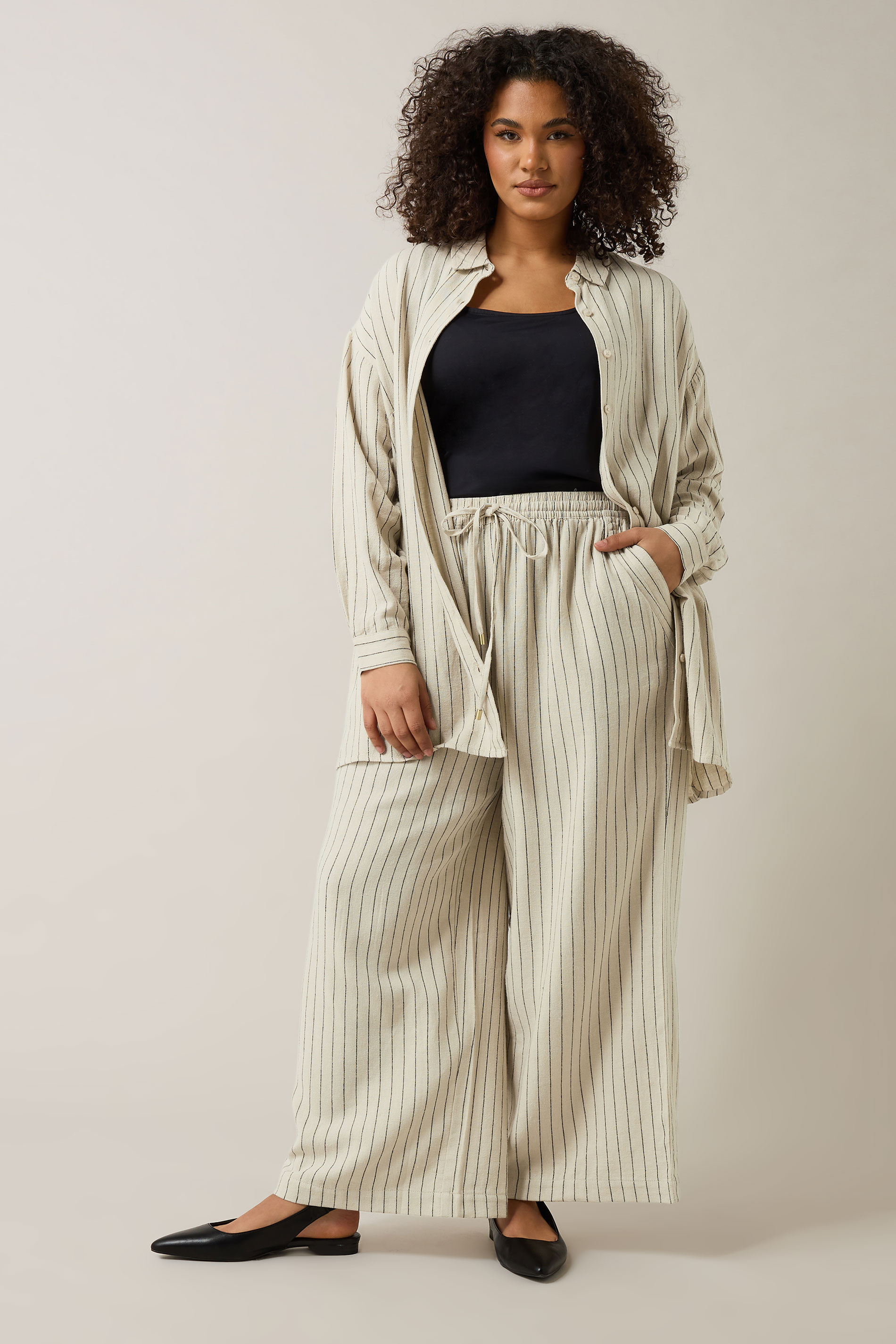 EVANS Plus Size Natural Brown Stripe Print Premium Linen Trousers | Evans 1