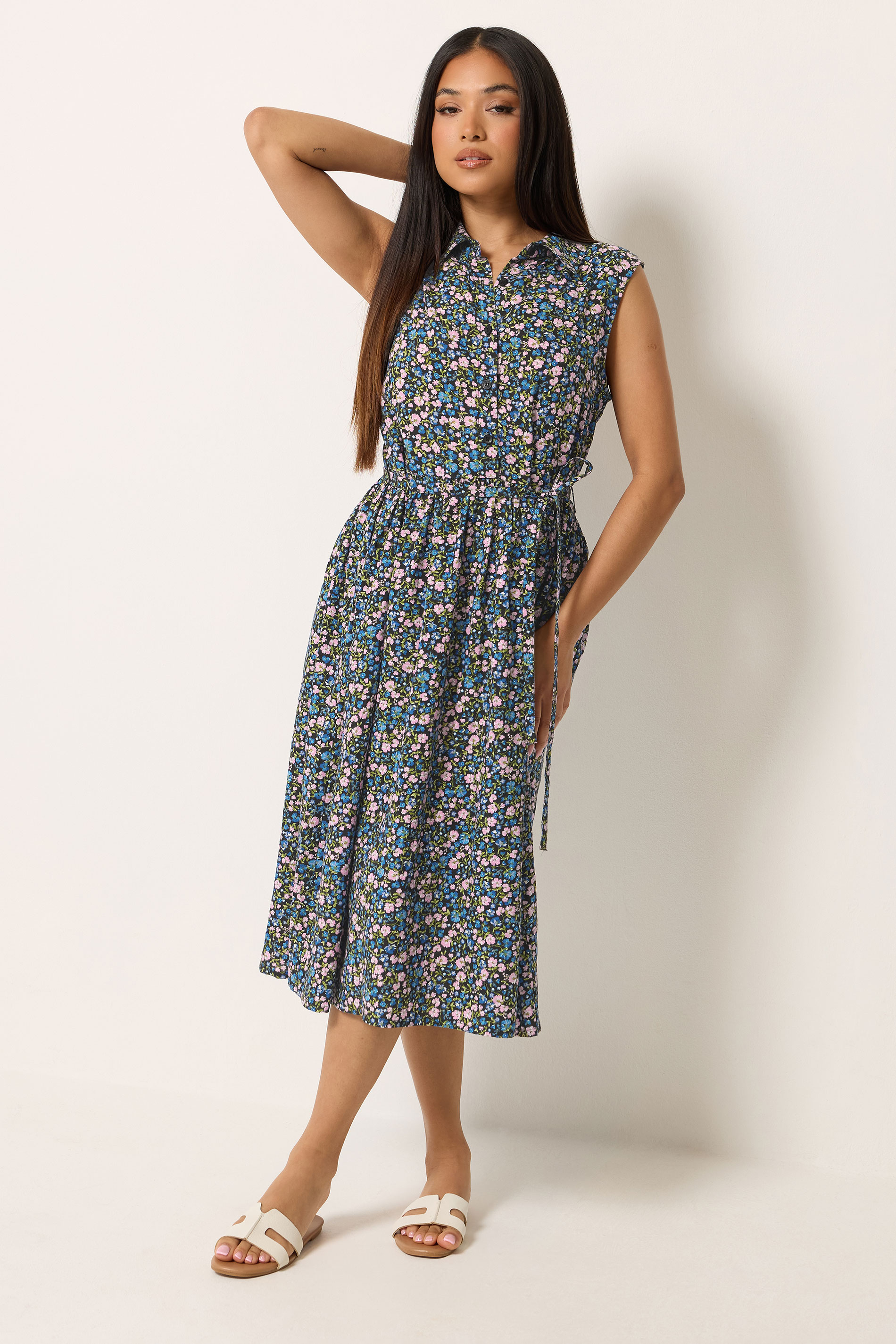 M&Co Petite Black Ditsy Floral Print Shirt Dress | M&Co 1