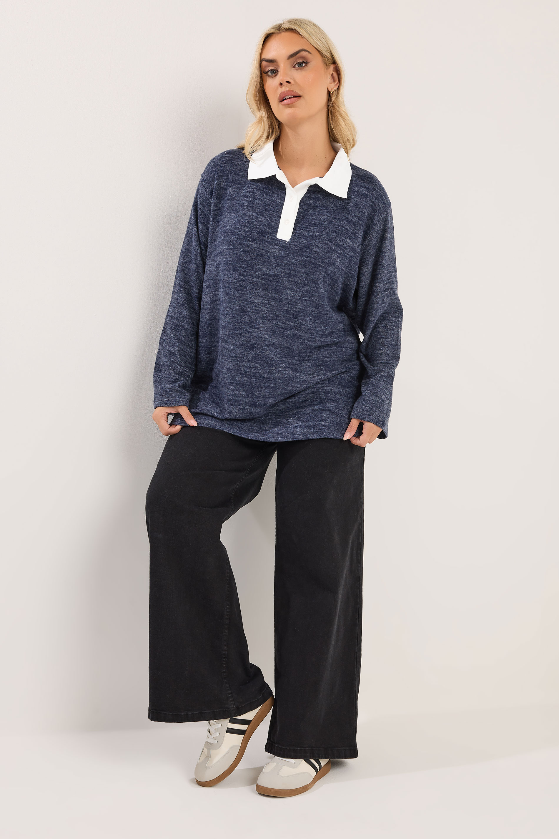YOURS Plus Size Navy Blue Rugby Collar Soft Touch Top | Yours Clothing 2