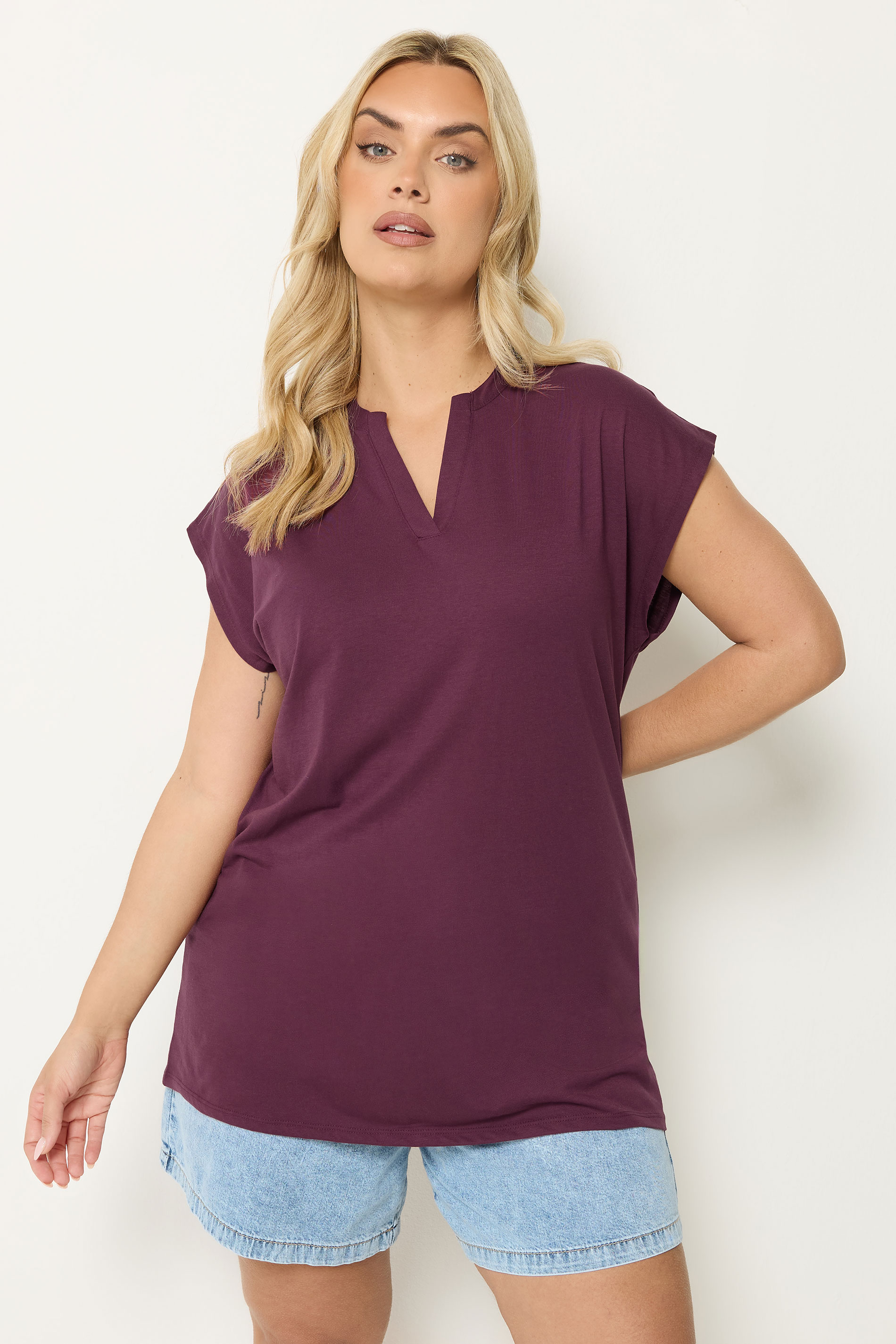 YOURS Plus Size Purple Notch Neck T-Shirt | Yours Clothing 3