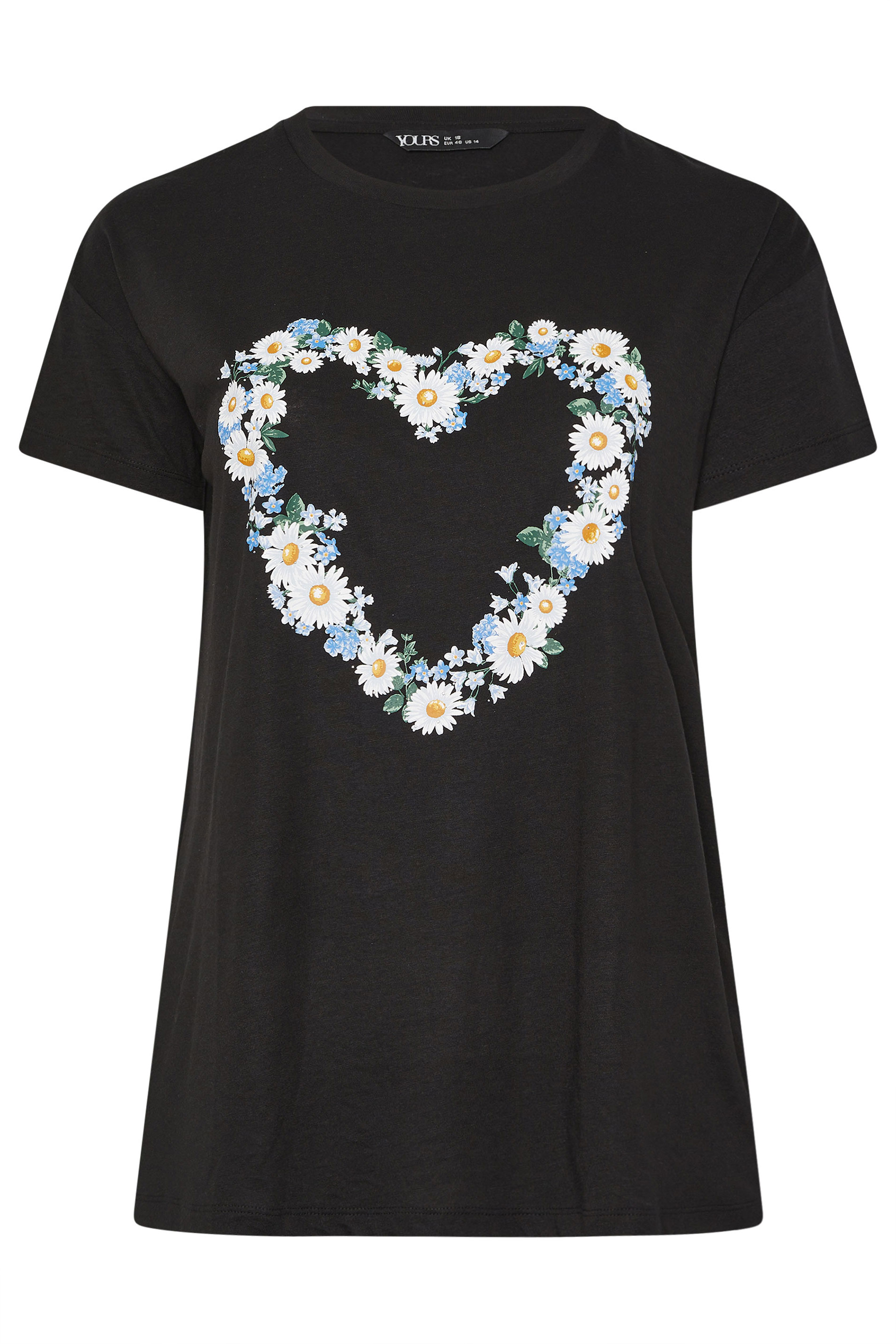 YOURS Plus Size Black Daisy Heart T-Shirt | Yours Clothing 5