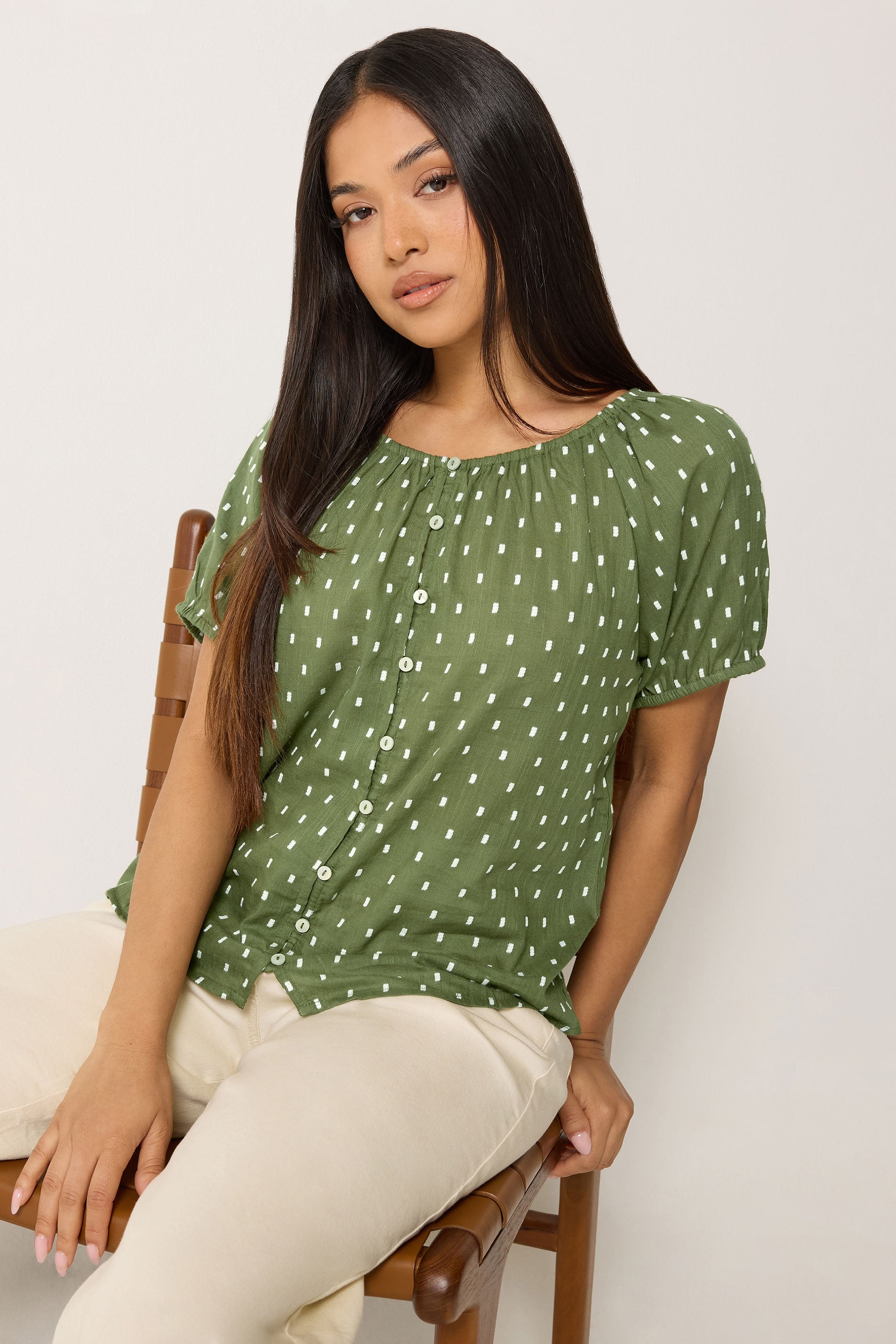M&Co Petite Khaki Green Dobby Button Up Cotton Blouse | M&Co 3