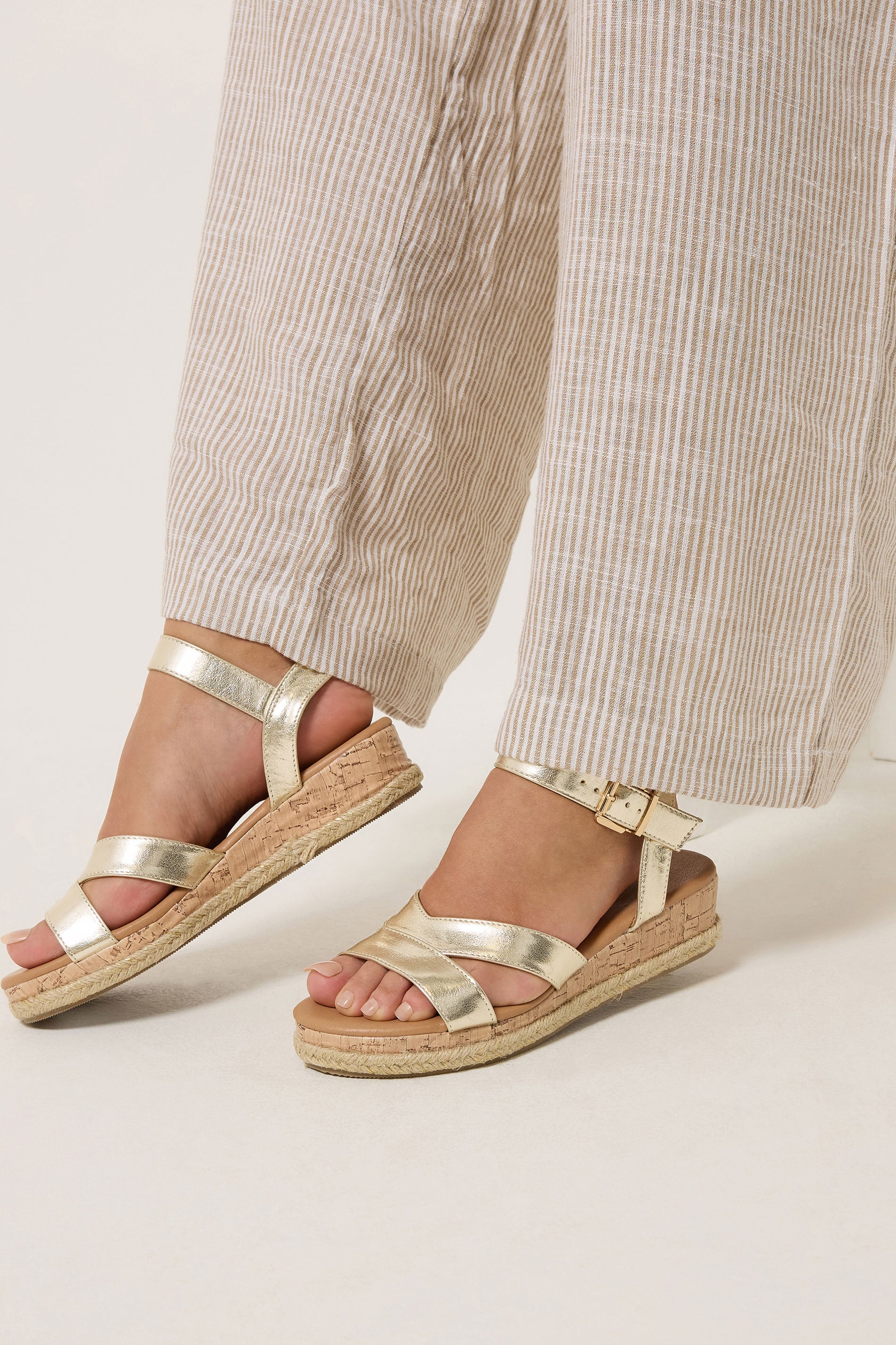 Gold Plaited Wedge Sandals In Extra Wide EEE Fit  | Yours Clothing 1
