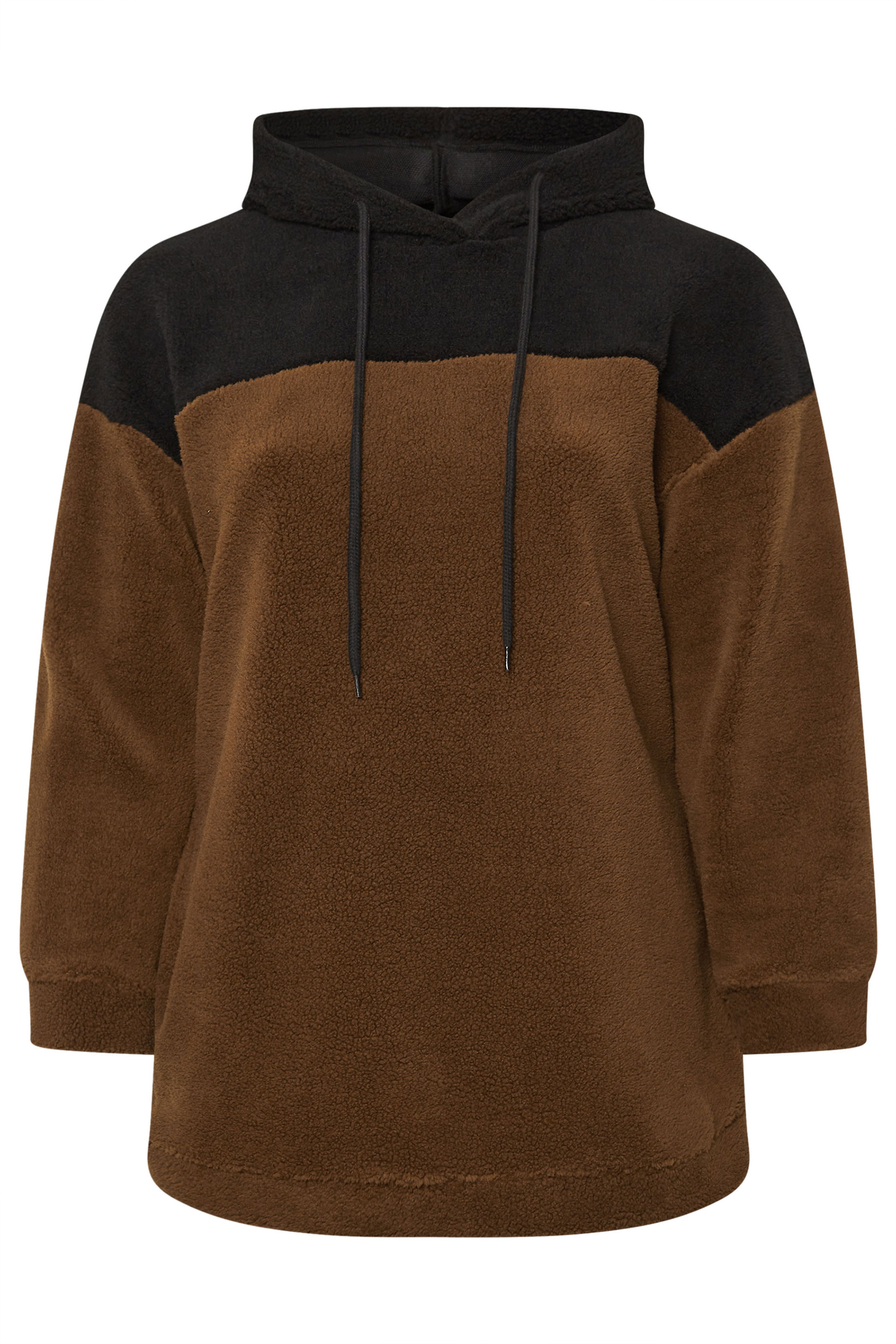 YOURS Plus Size Brown & Black Colourblock Teddy Fleece Hoodie | Yours Clothing  6