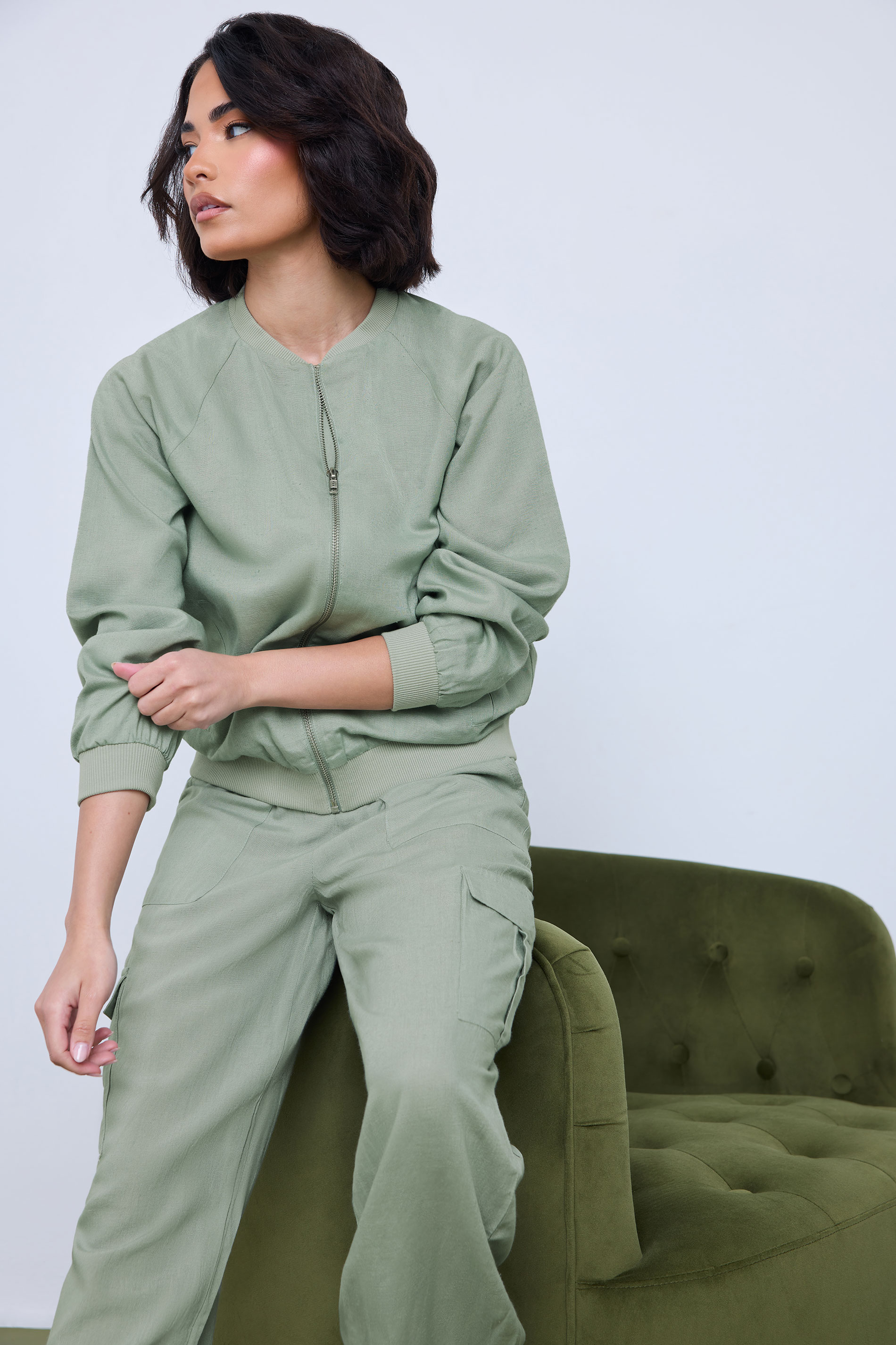 PixieGirl Petite Womens Sage Green Linen Bomber Jacket | PixieGirl 3