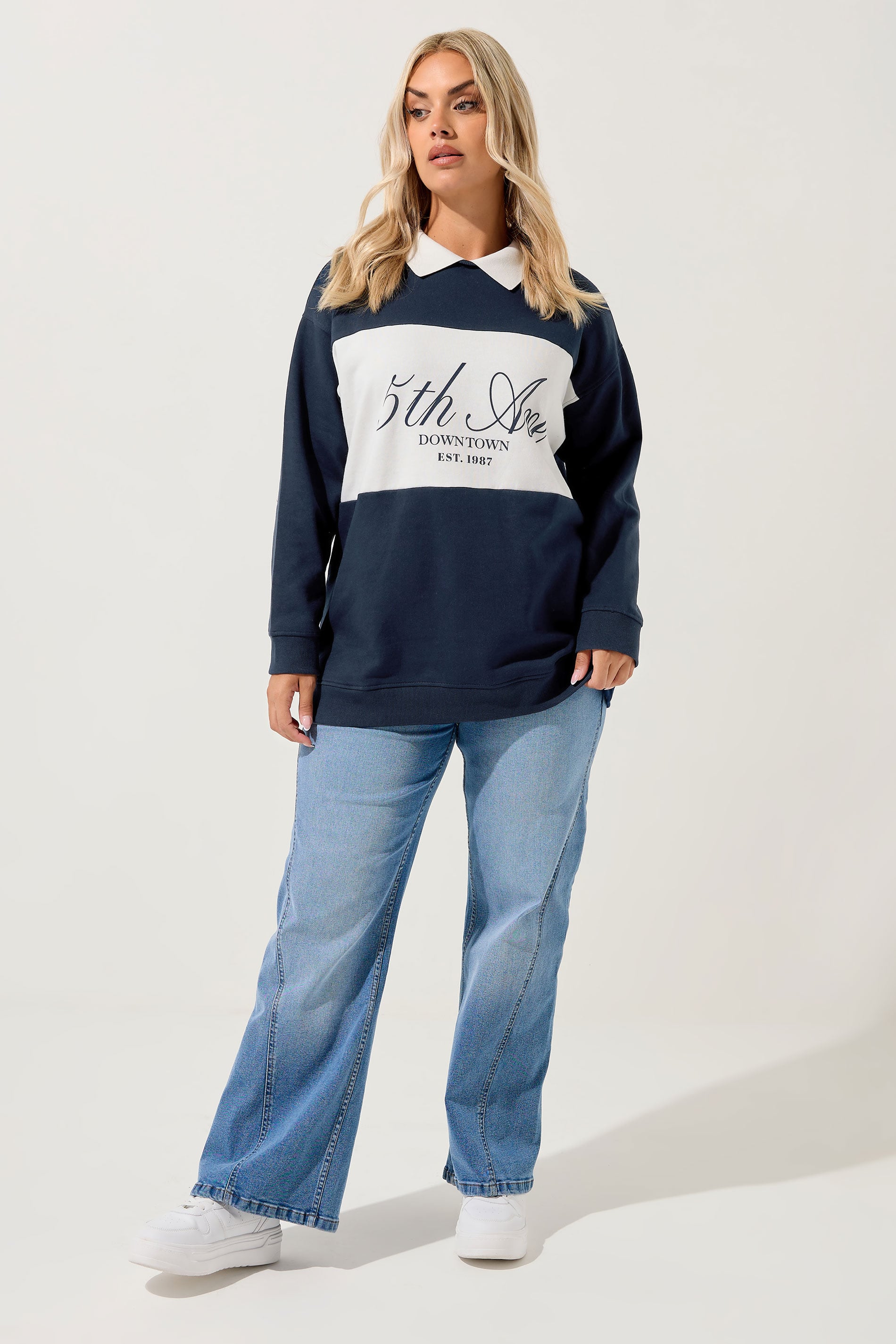 YOURS Plus Size Navy Blue '5th Avenue' Rugby Top | Yours Clothing 1