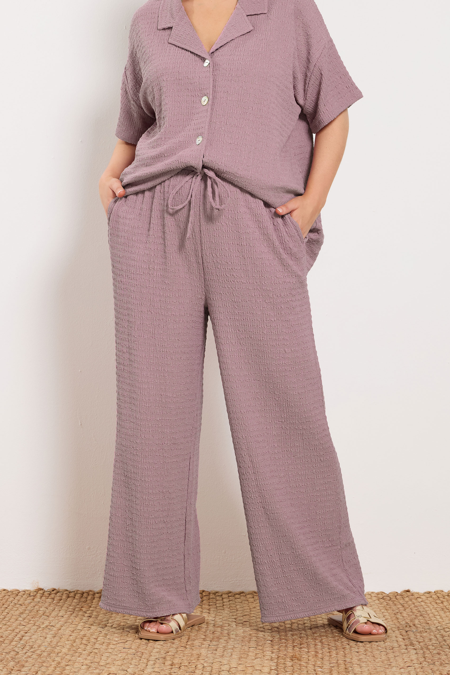 YOURS Plus Size Pink Textured Wide Leg Trousers | Yours Clothing 1