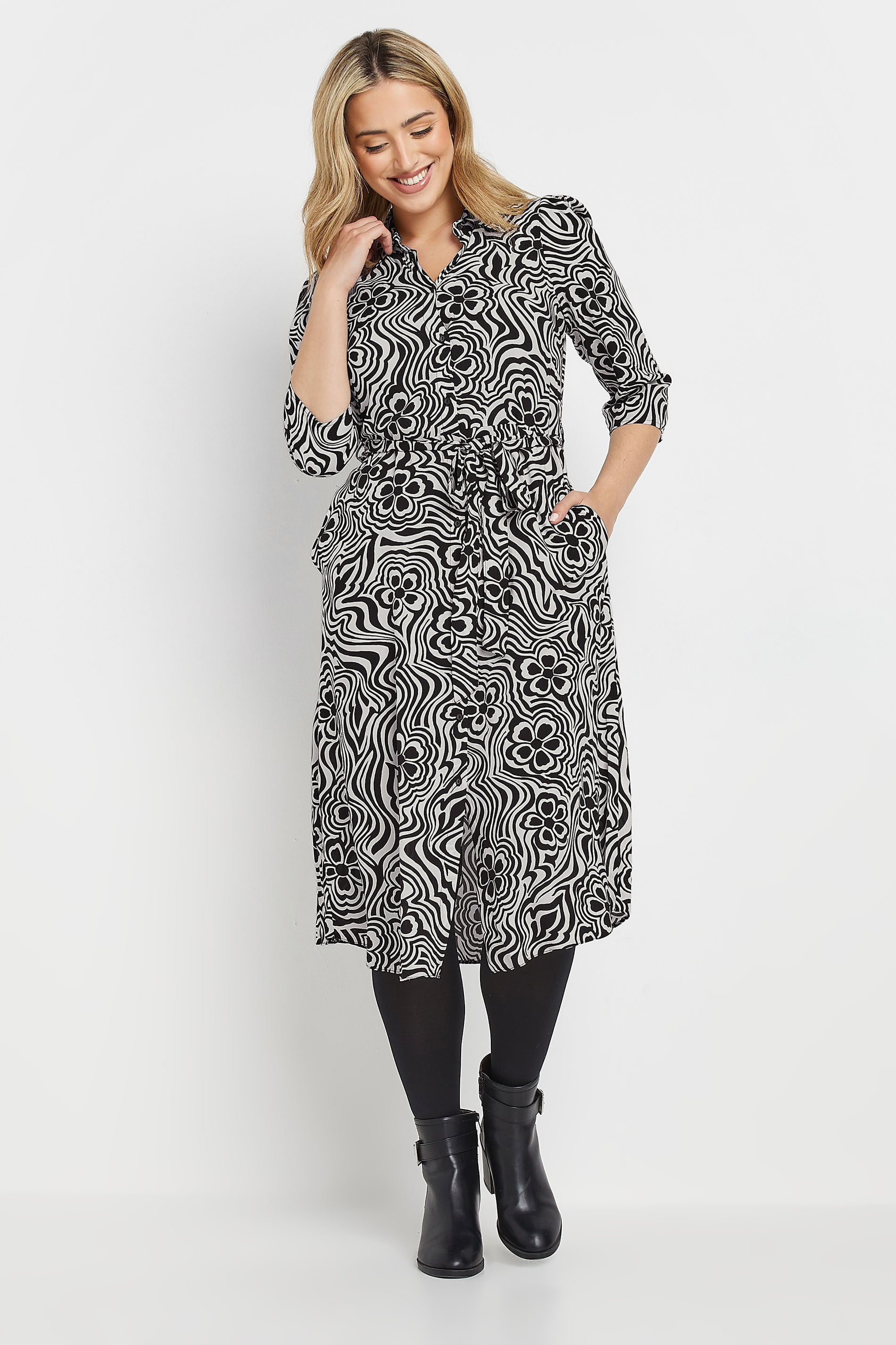 M&Co Black Floral Swirl Print Midi Shirt Dress | M&Co 1