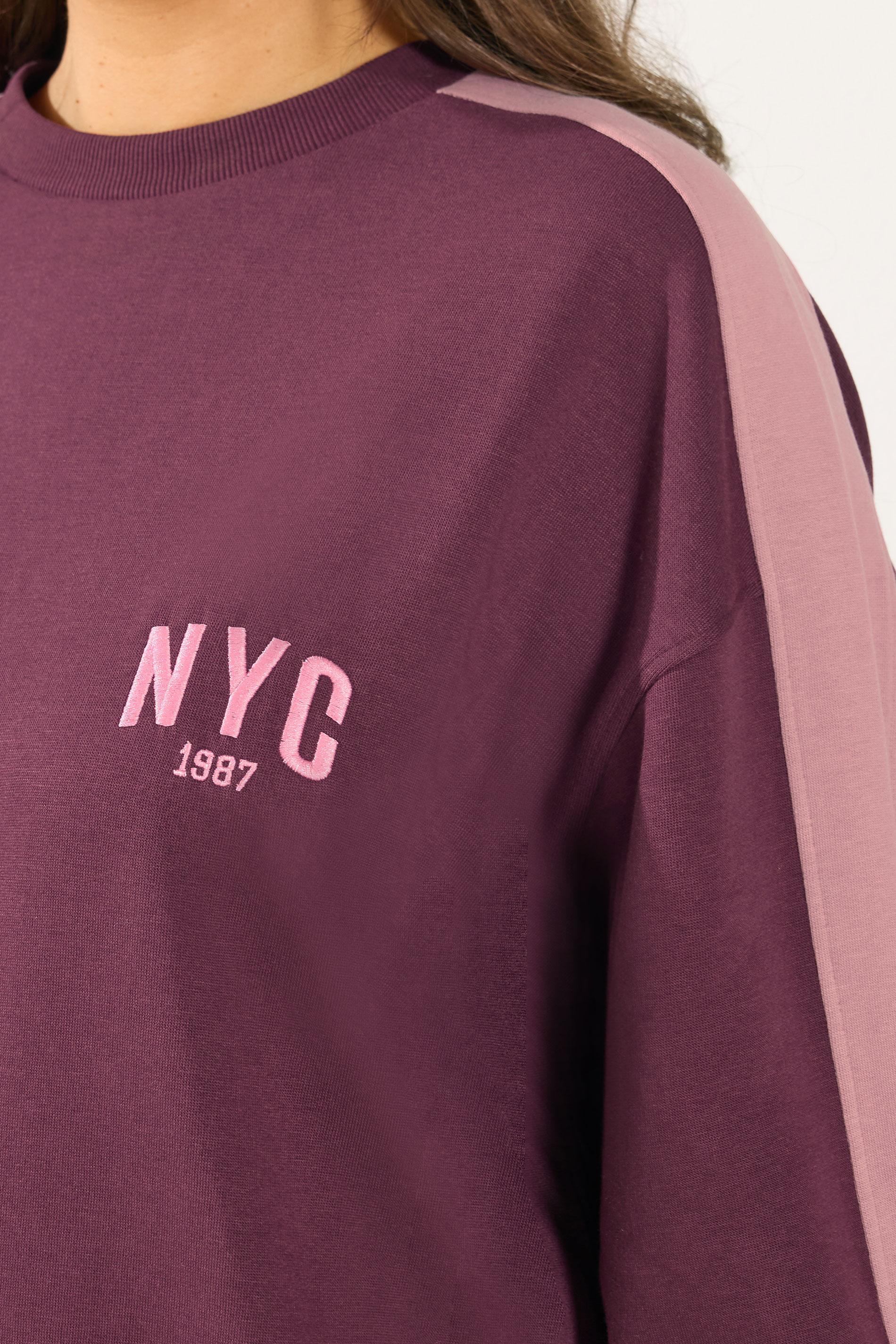 YOURS Plus Size Burgundy Red 'NYC' Side Stripe Sweatshirt | Yours Clothing 7