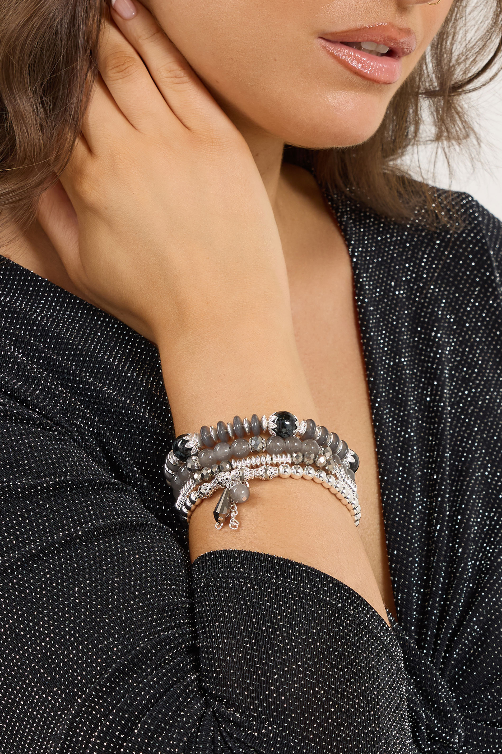 YOURSET 4 PACK Silver Tone Beaded Stretch Charm Bracelets | Yours Clothing 1