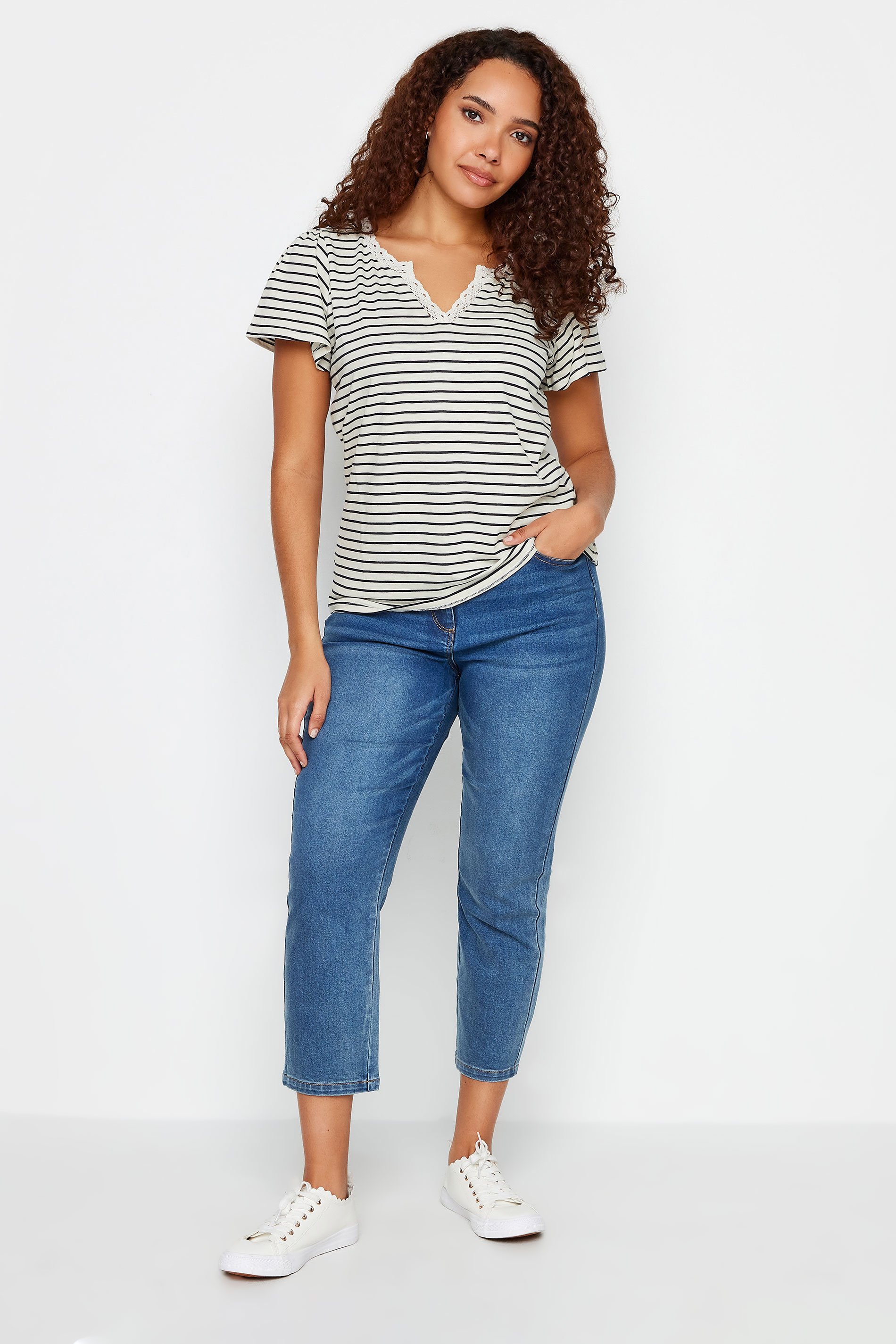 M&Co Black & White Striped Lace Trim T-Shirt | M&Co 2