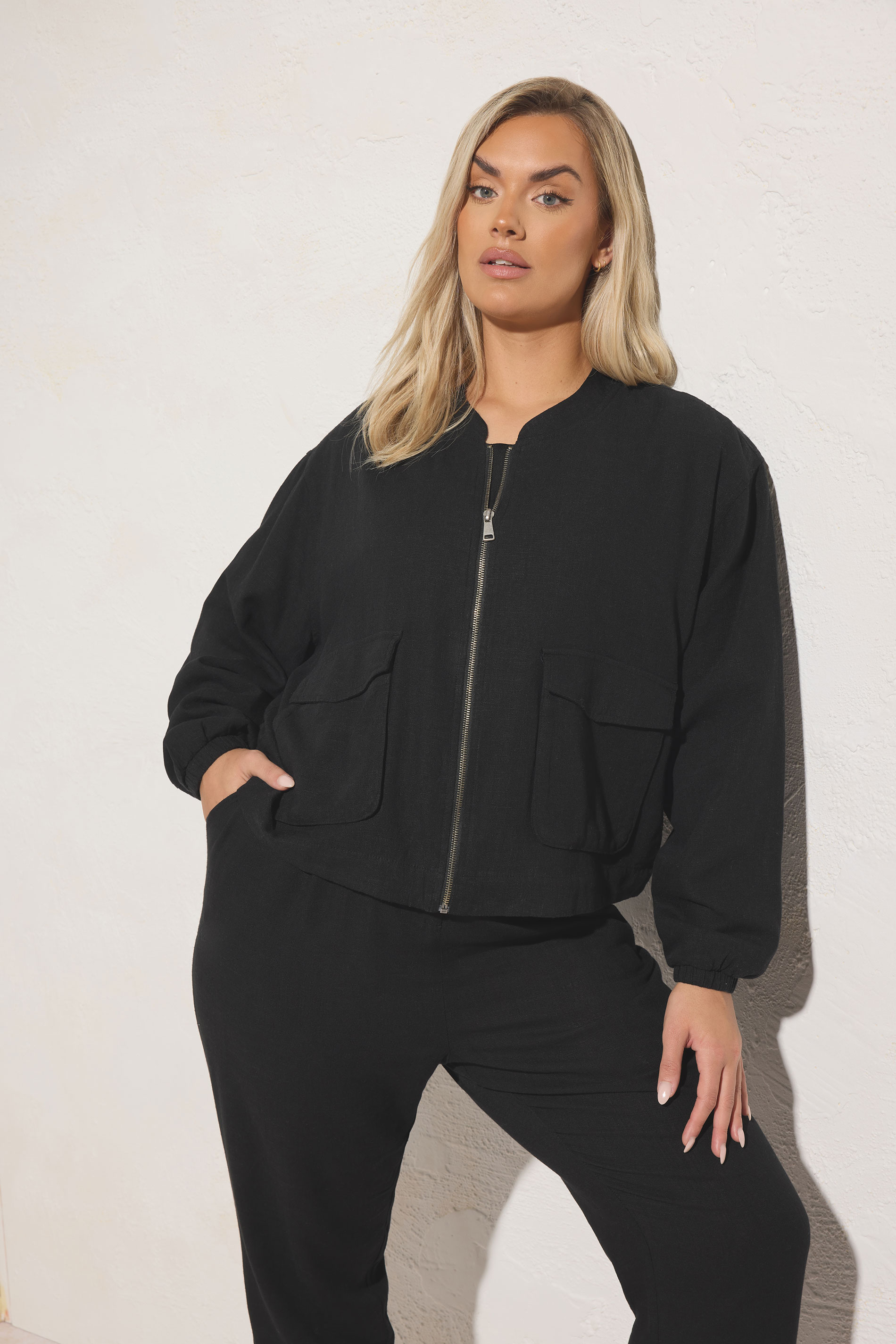 YOURS Plus Size Black Linen Bomber Jacket | Yours Clothing 3