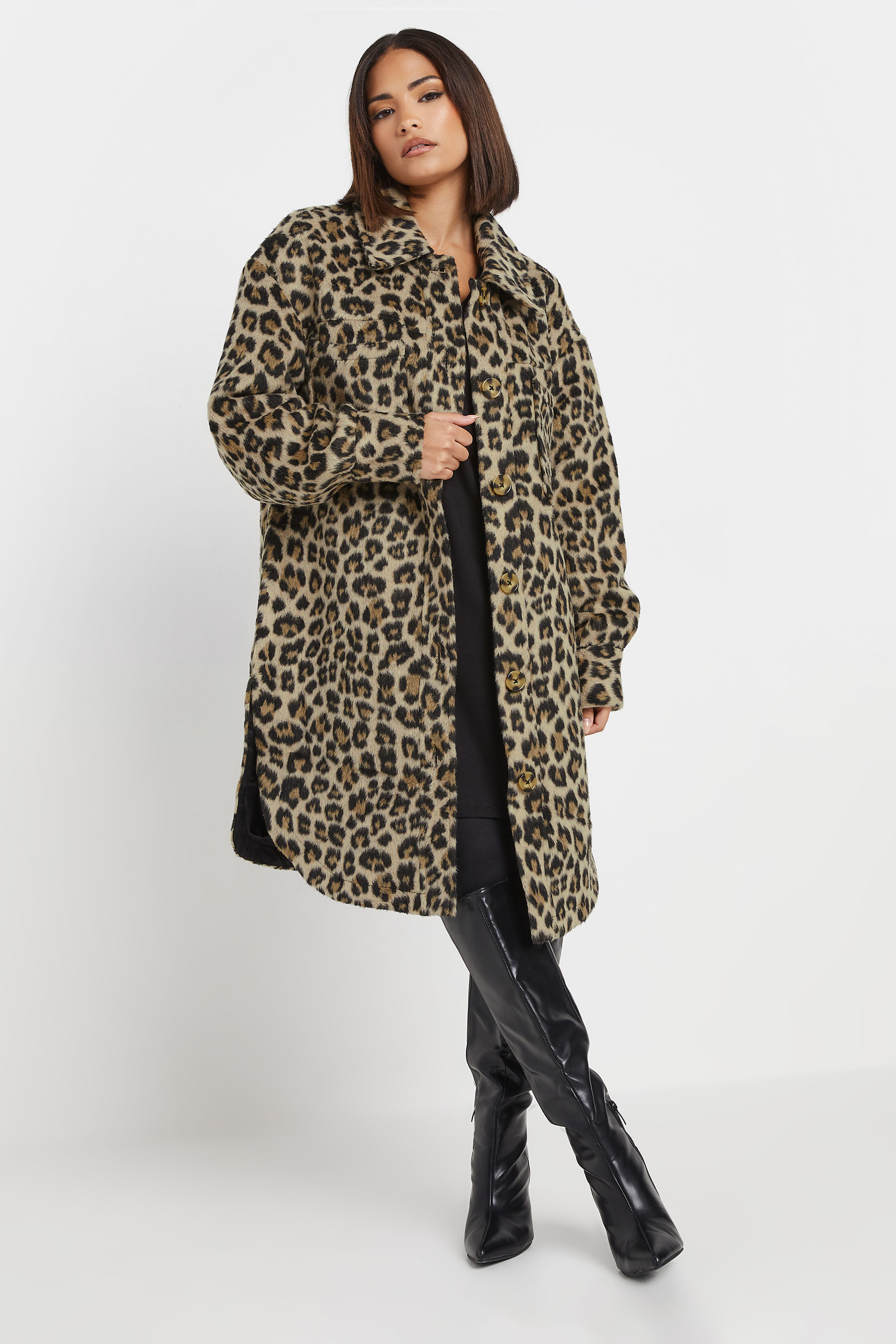 PixieGirl Petite Women's Beige Brown Leopard Print Longline Shacket | PixieGirl 3