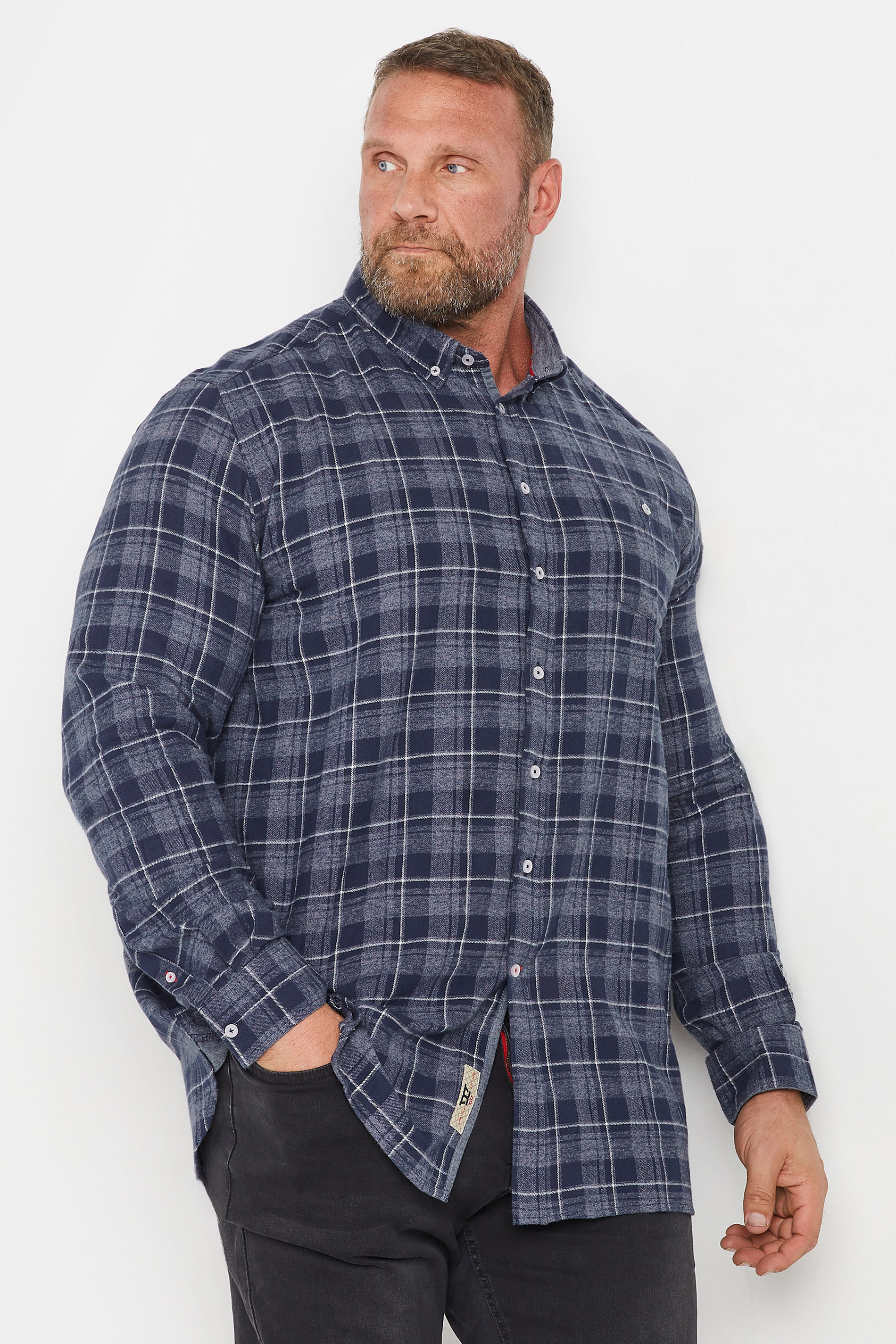 D555 Big & Tall Navy Blue Check Print Long Sleeve Shirt | BadRhino 3