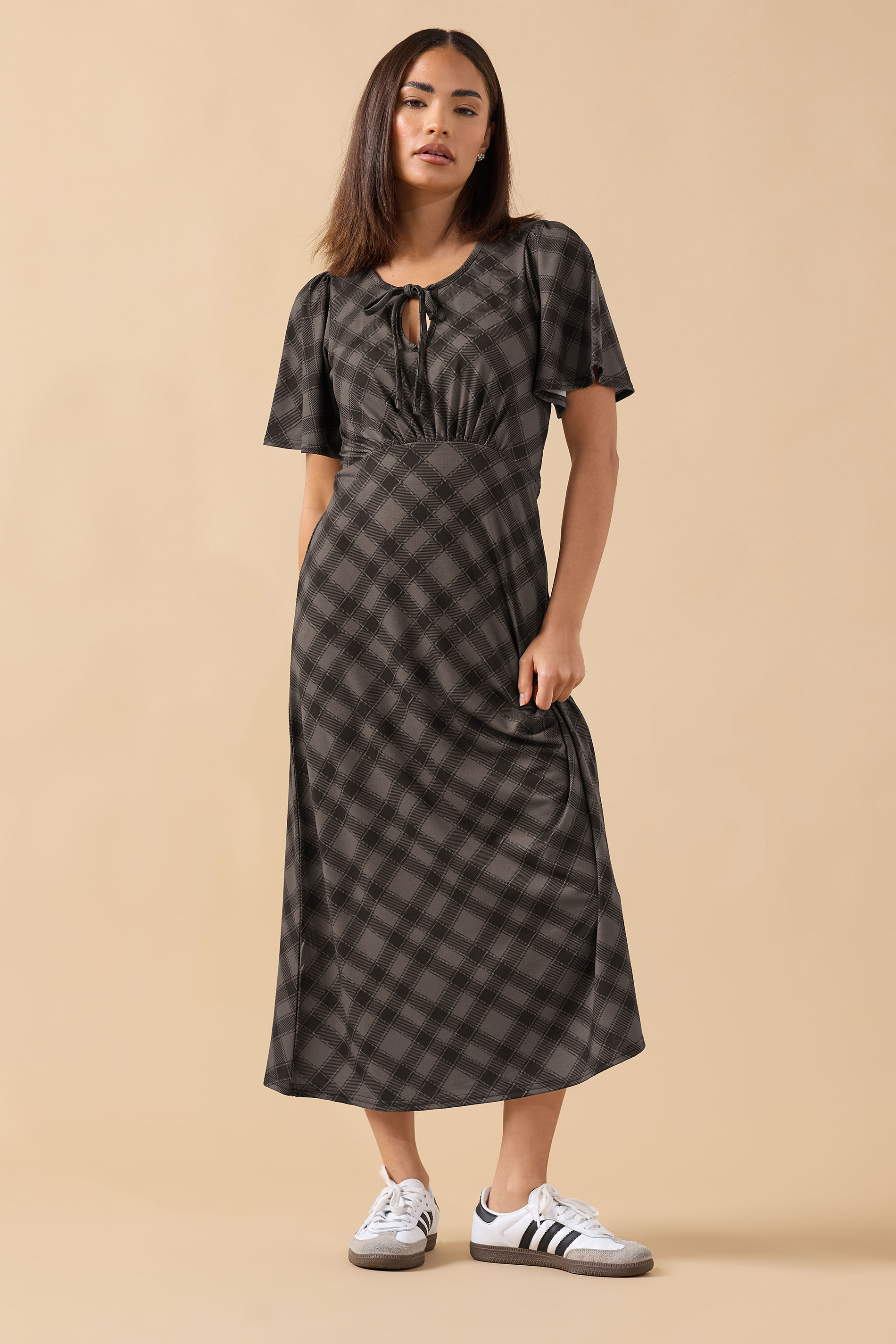 PixieGirl Petite Women's Brown Check Tie Front Midi Dress | PixieGirl 1