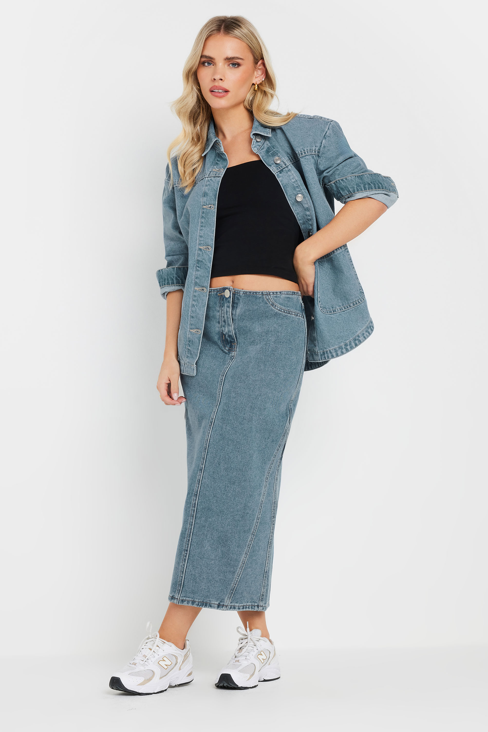 PixieGirl Petite Women's Light Blue Denim Seam Midi Skirt | PixieGirl 3