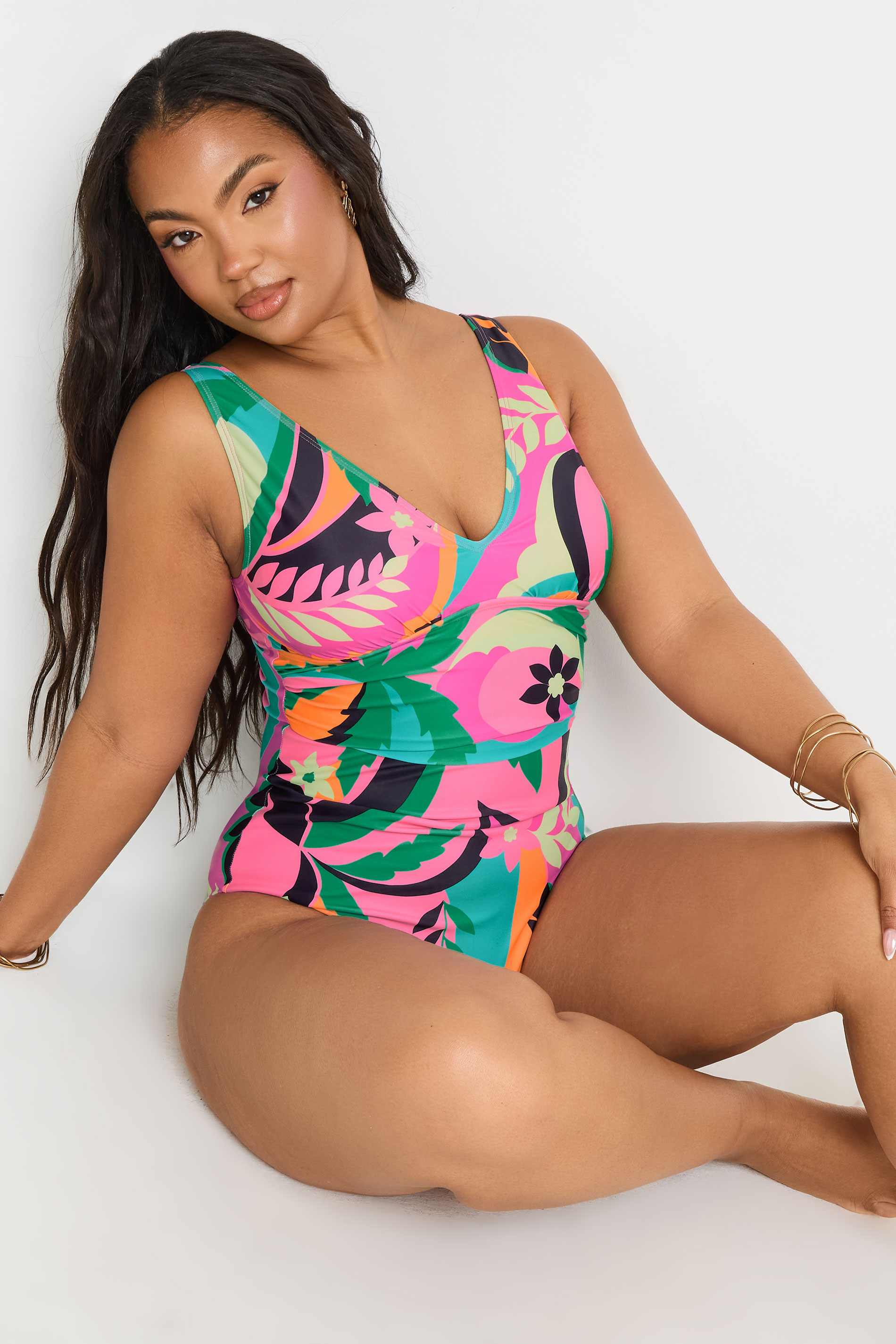 YOURS Plus Size Floral Abstract Print Plunge Swimsuit | Yours Clothing 5