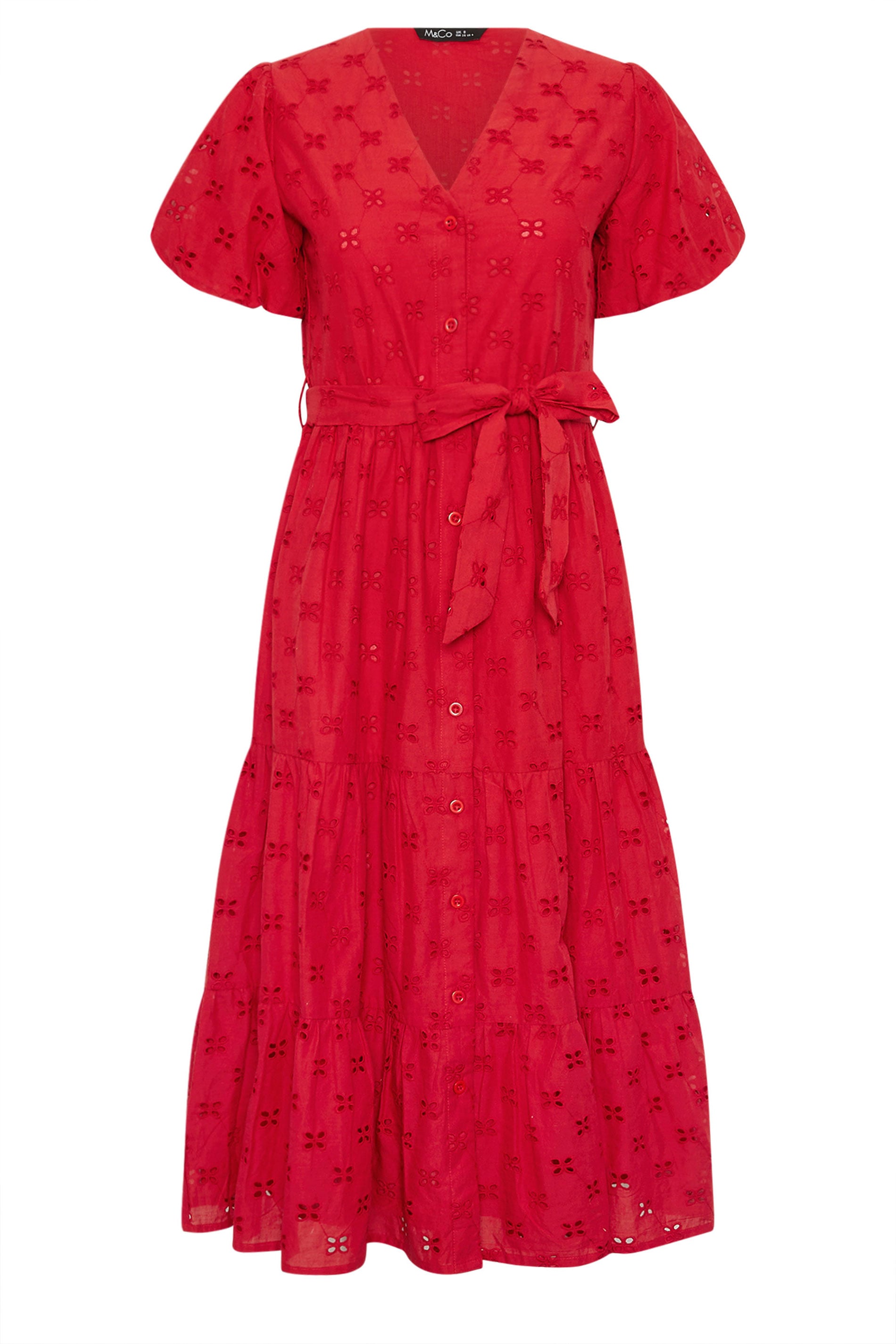 M&Co Petite Red Broderie Tie Waist Cotton Midi Dress | M&Co 5