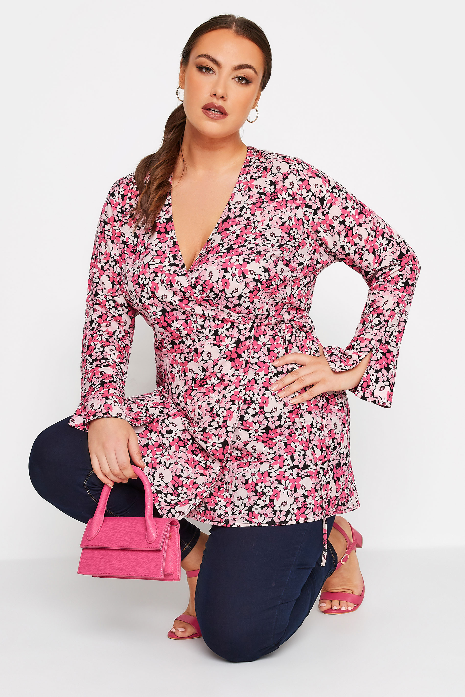 YOURS Plus Size Pink Floral Print Wrap Top | Yours Clothing 3